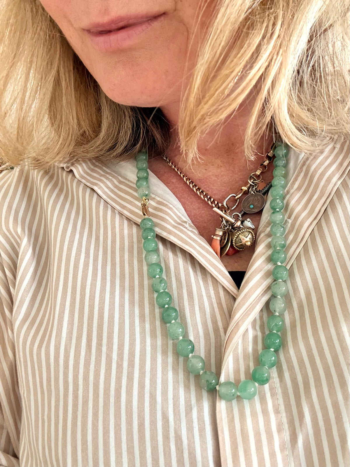 .375 .9ct gold and natural Aventurine “old Jade” long luxurious gemstone bead necklace