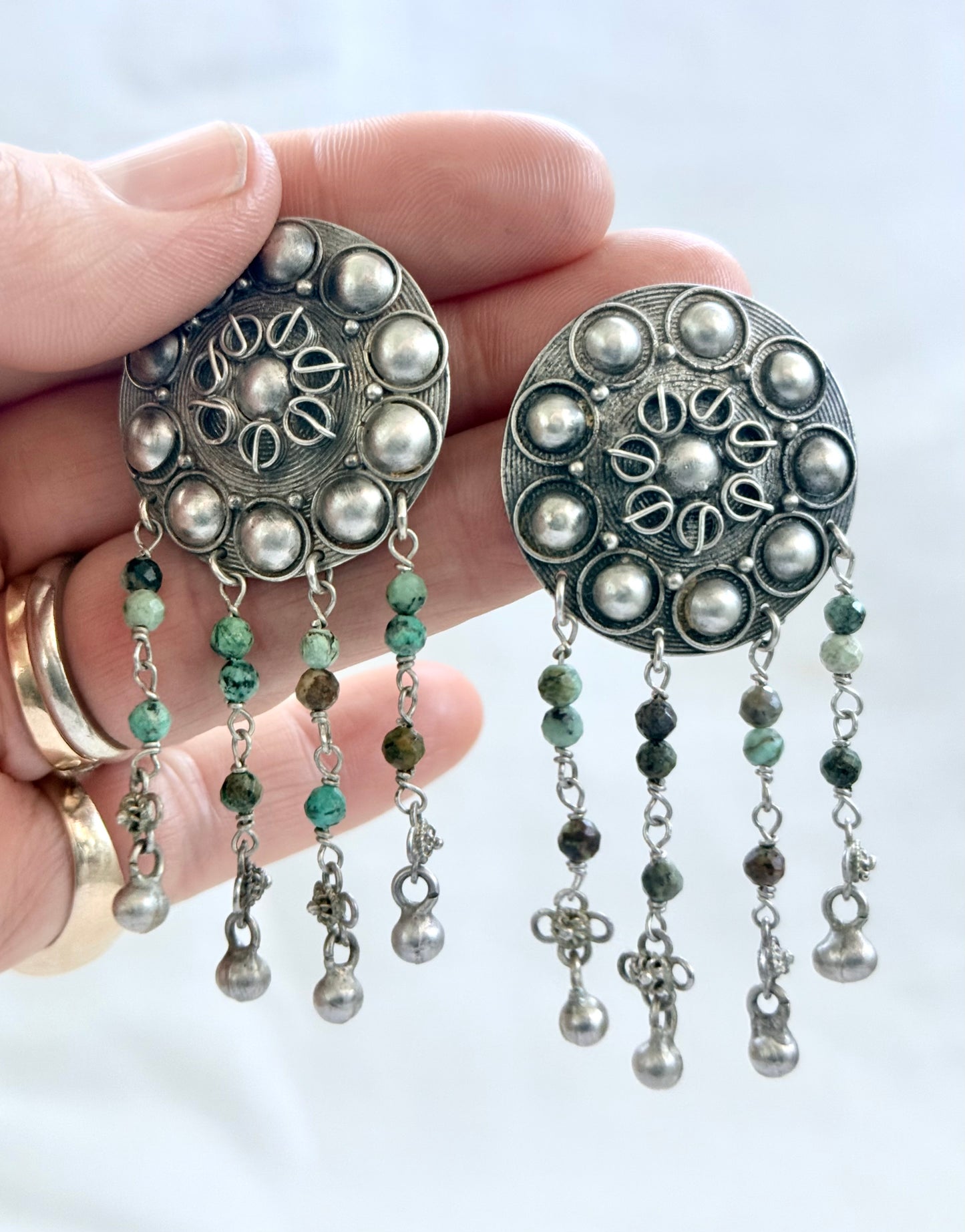 .925 HelenSilverSmit artisan made African Turquoise Tribal shield fringe dangle gemstone earrings