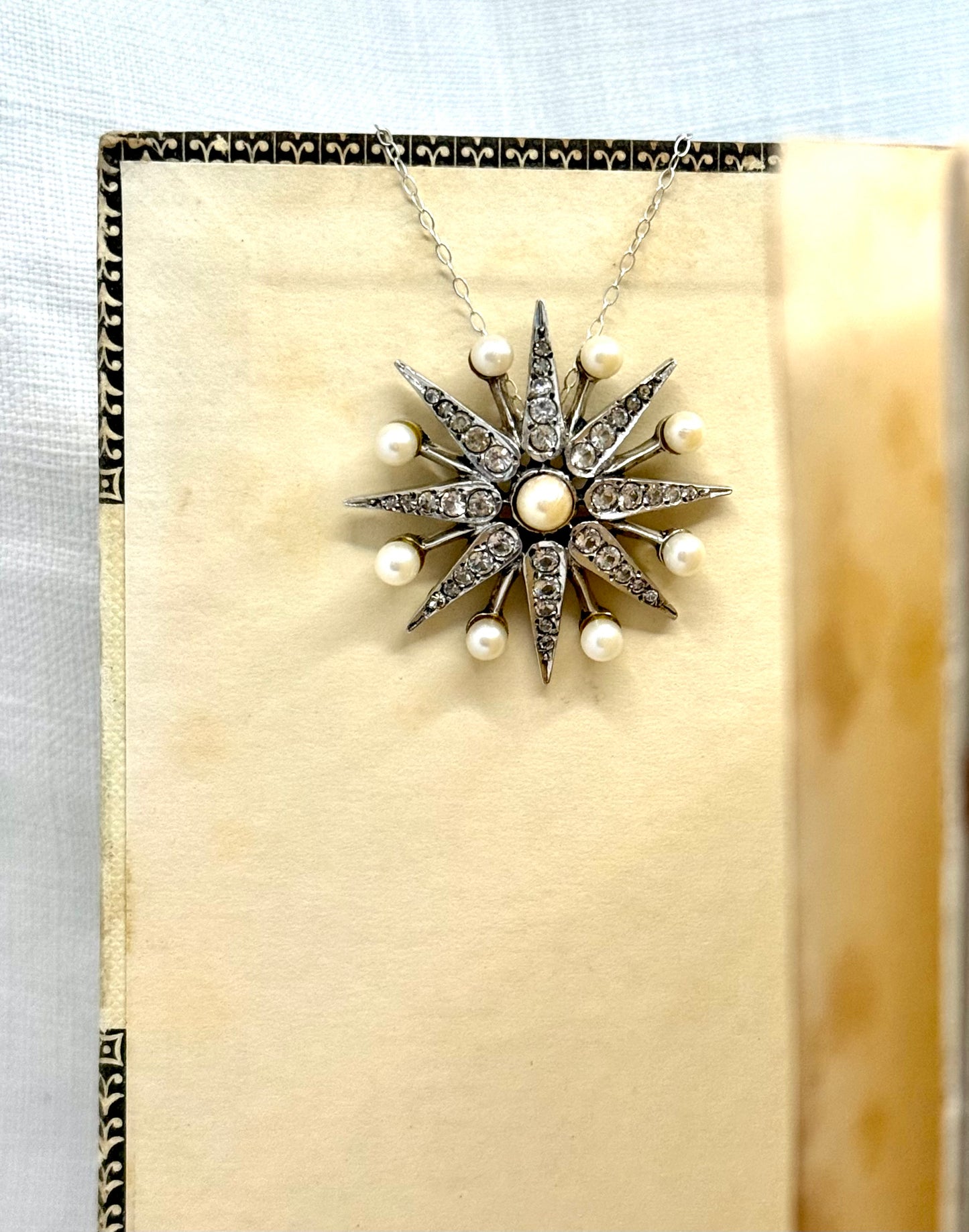 .1968 .925 Victorian revival 8 pointer sterling silver starburst star pendant with pearl and pave set diamanté gemstones