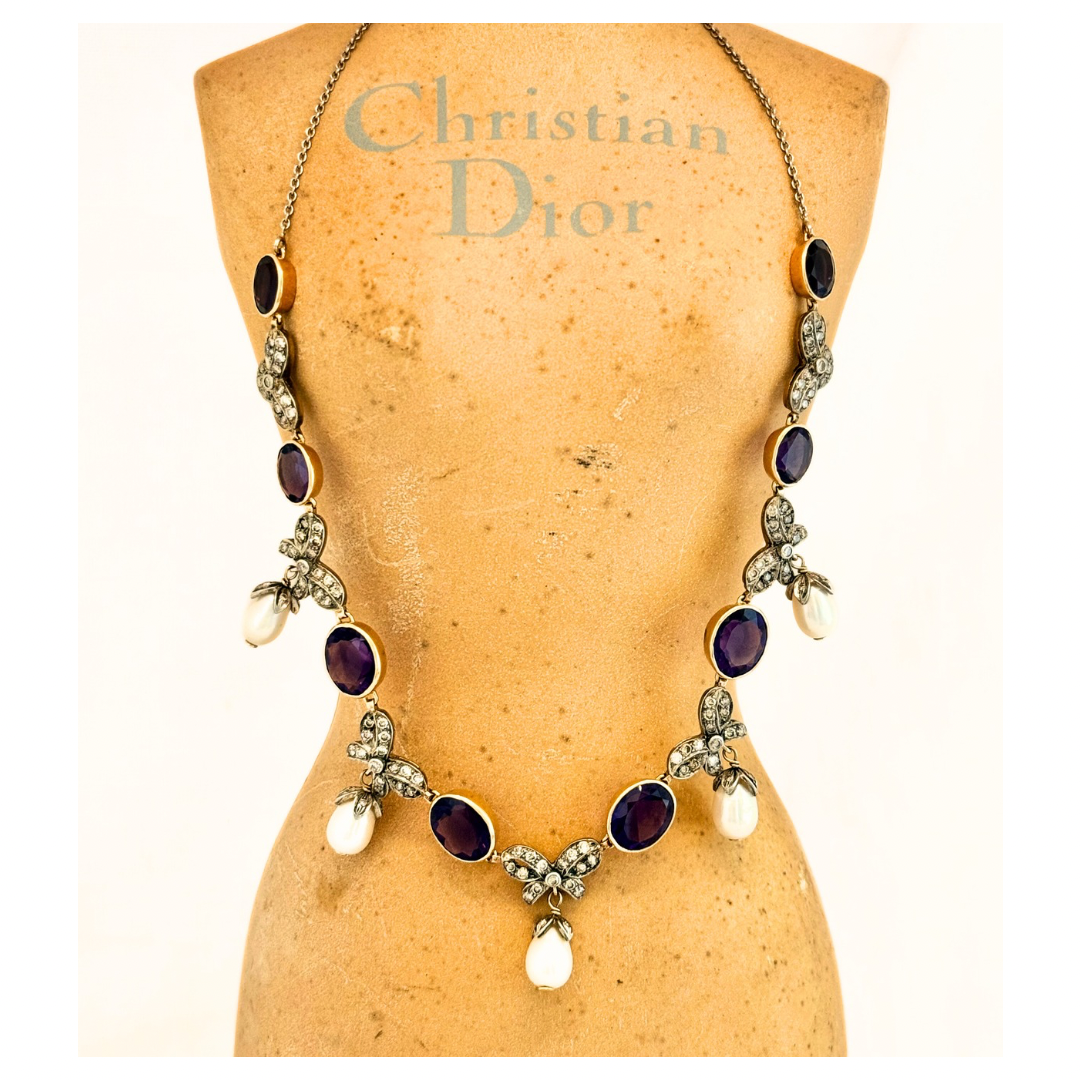 .1880s 1900s .18ct gold antique Belle Epoque Amethyst Diamond and pearl bow and ribbon Collier 750 marked necklace and earring set
