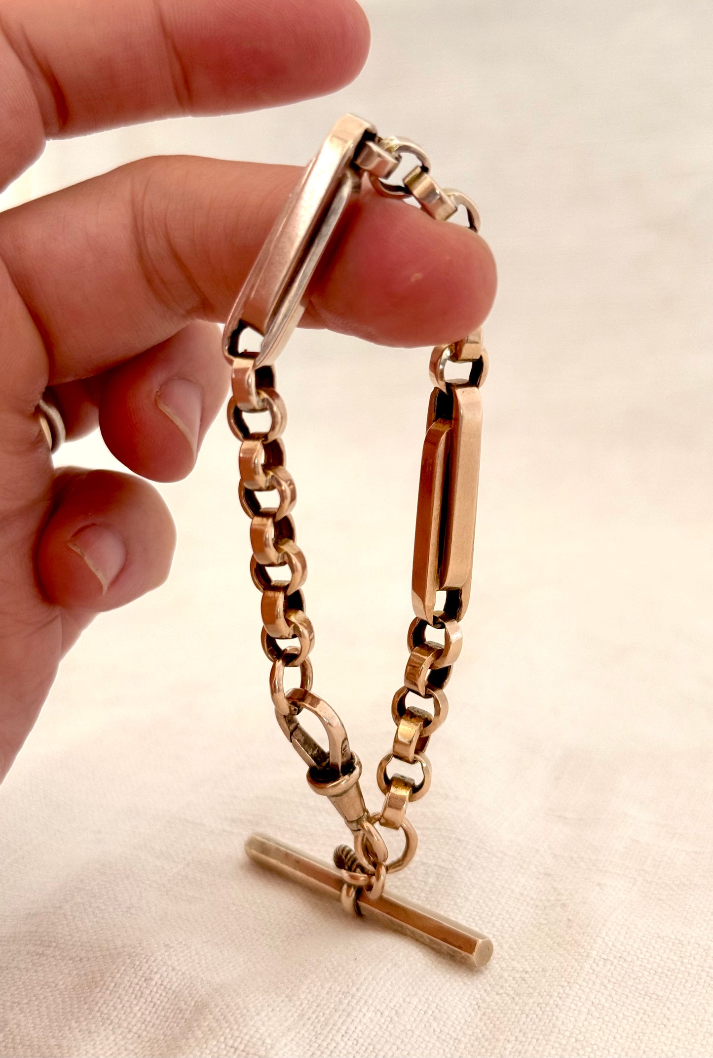 .1890s .1900s .9ct antique chunky gold fancy link double paper clip link fob chain with oversized T bar bracelet