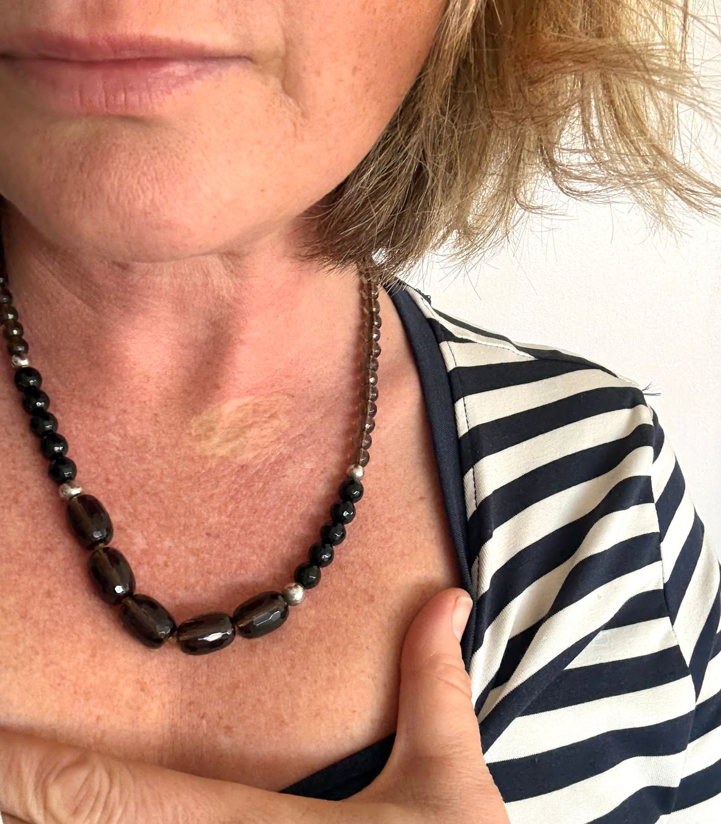 .925 Smokey Quartz and Onyx gemstone luxury Birmingham silver hallmarked faceted bead necklace