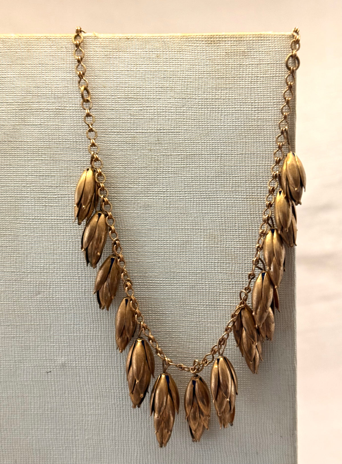 .1940s arts and crafts bronze flower pod seed pod fancy link dangle chocker chain Scandinavian necklace