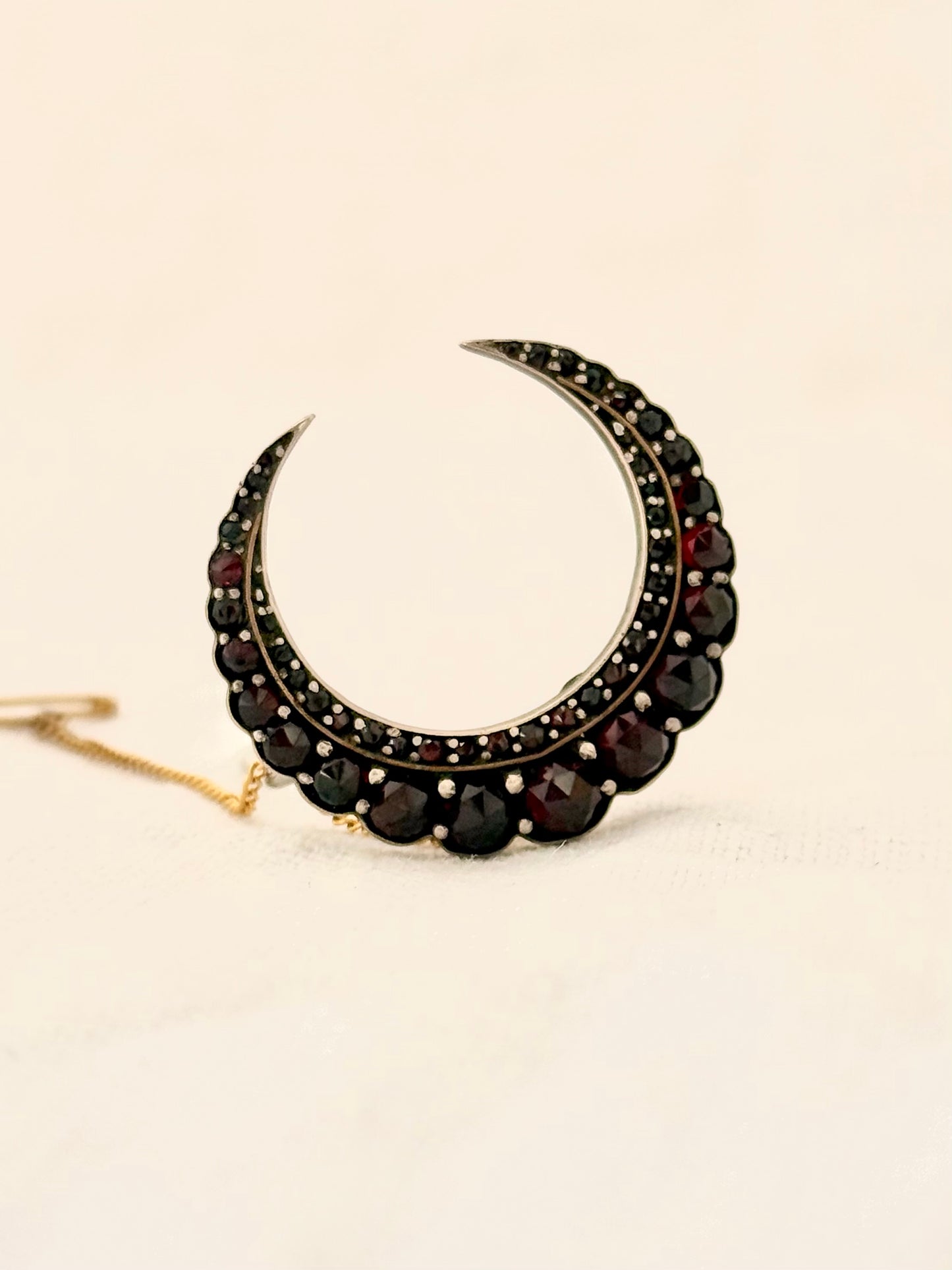 .1880s .1890s antique fine Bohemian Garnet gemstone set crescent celestial moon collectors silver gold brooch