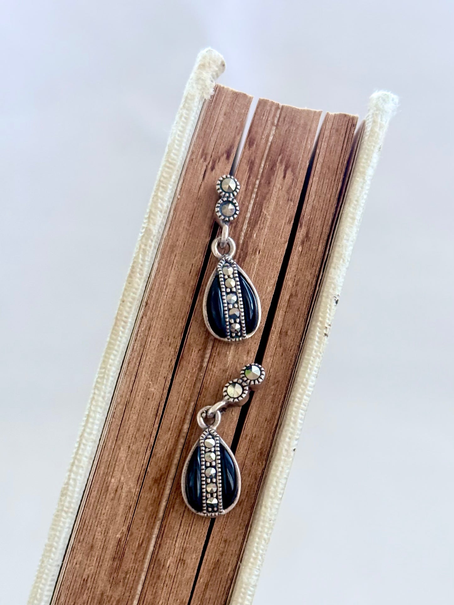 .1920s .925 Art Deco revival Onyx and Marcasite bedazzled teardrop drop dangle earrings