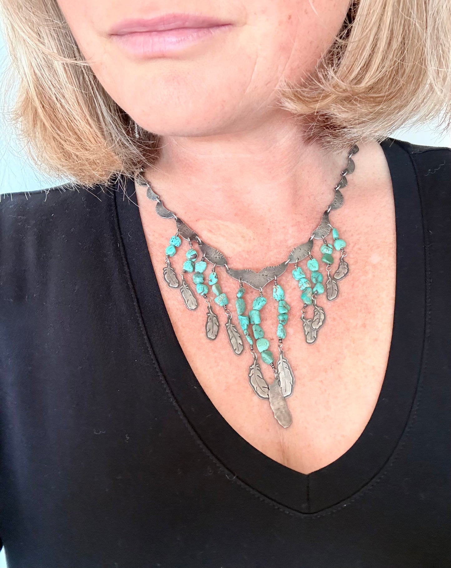 .925 artisan vintage Navajo silver feather traditional collectable collectors cascade necklace