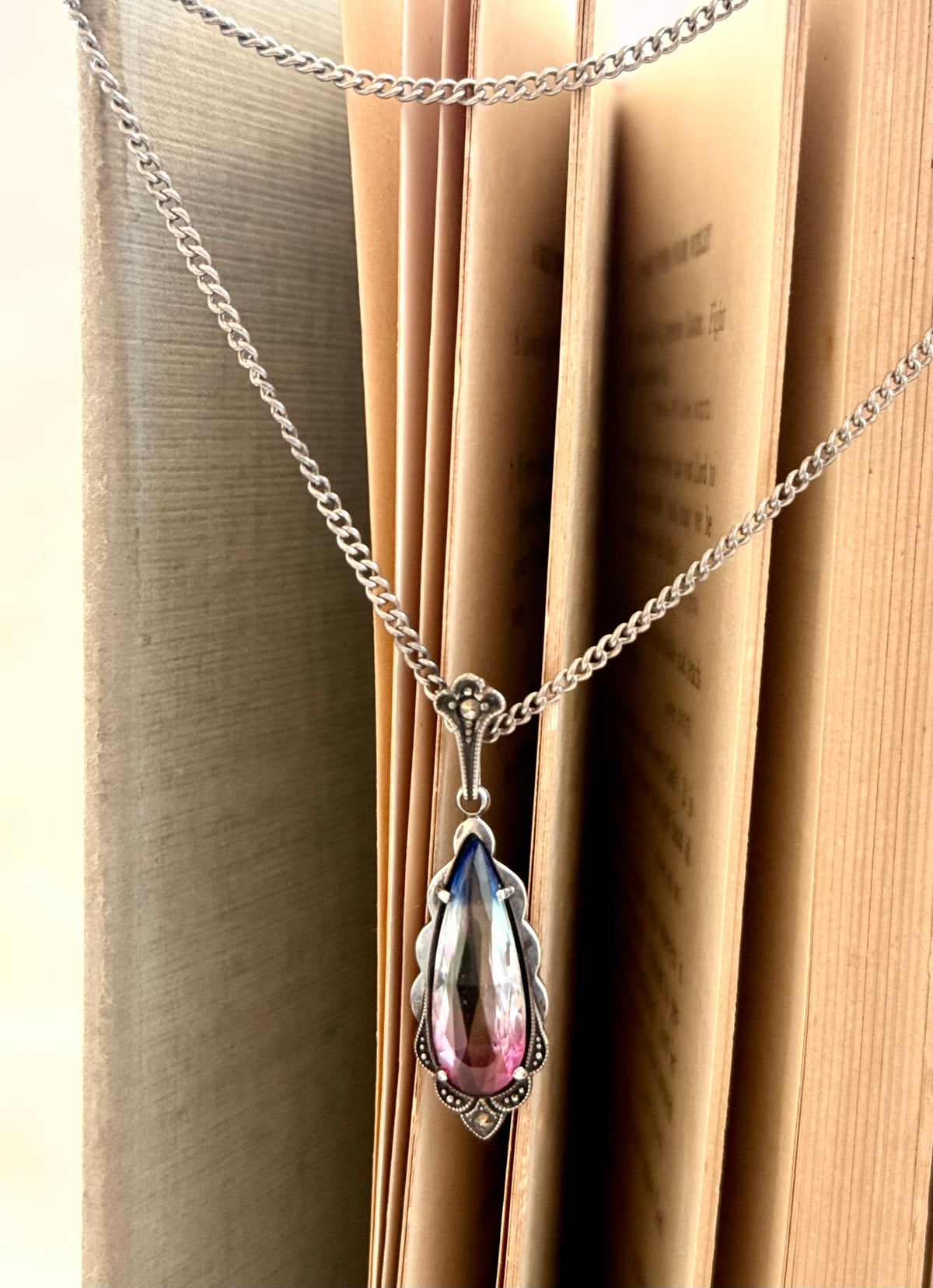 .1920s .1930s .830 silver Art Deco Iris Glass marcasite gemstone pendant on chain