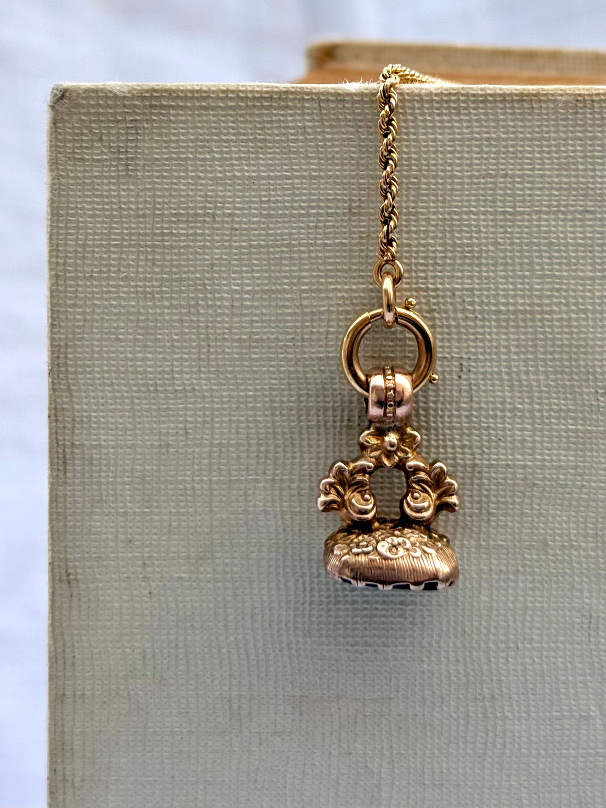 .1800s .1830s .375 .9ct antique Baroque revival Georgian hand carved solid rose gold “Sanah” engraved Onyx gemstone wax seal fob pendant