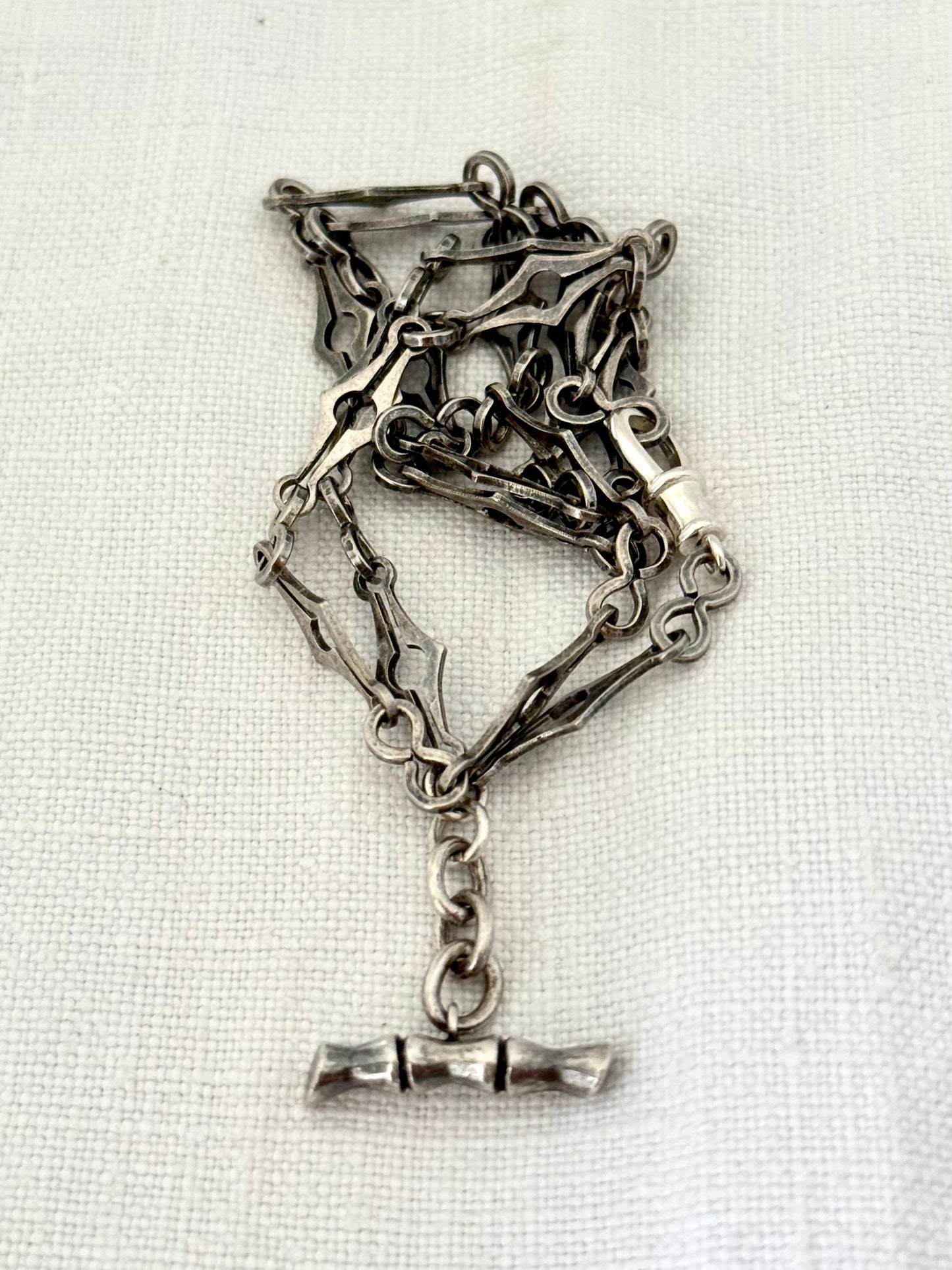.925 antique revival solid silver fancy multiple link fob chain Modernist diamond and mariners link sterling silver Belle Epoque revival fancy watch chain necklace
