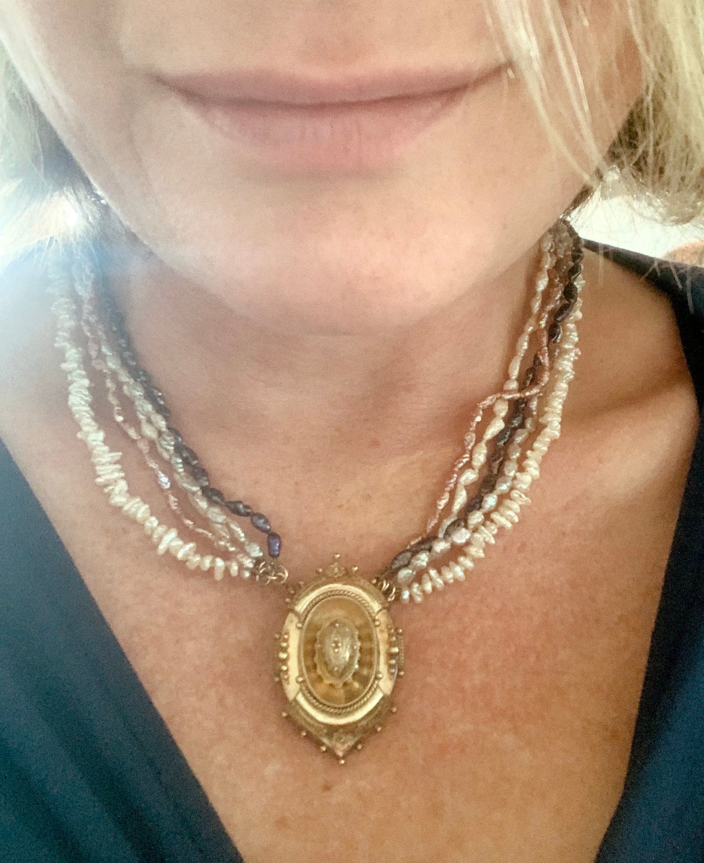 1800s 9ct gold Antique Etruscan revival Victorian yellow gold high detailed ornate oval pendant on dreamy shell coloured multi string 5 x string fresh water rice pearl necklace