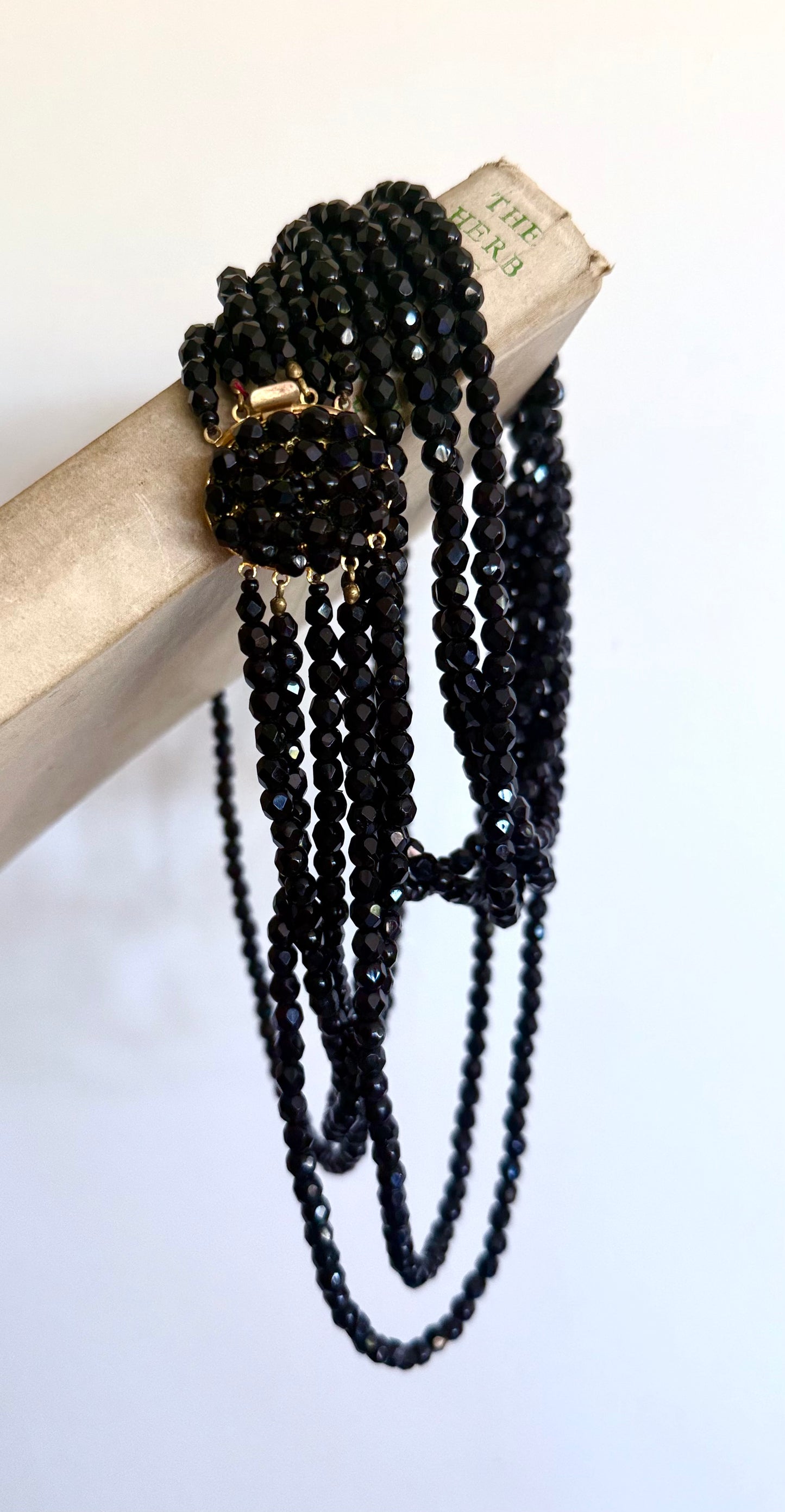 .1940s 1950s .5 strand .96cm long glamorous jet black faceted glass bead multi strand long cocktail necklace