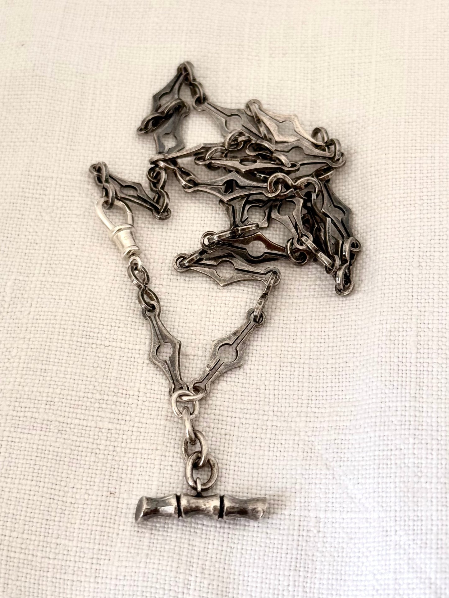 .925 antique revival solid silver fancy multiple link fob chain Modernist diamond and mariners link sterling silver Belle Epoque revival fancy watch chain necklace