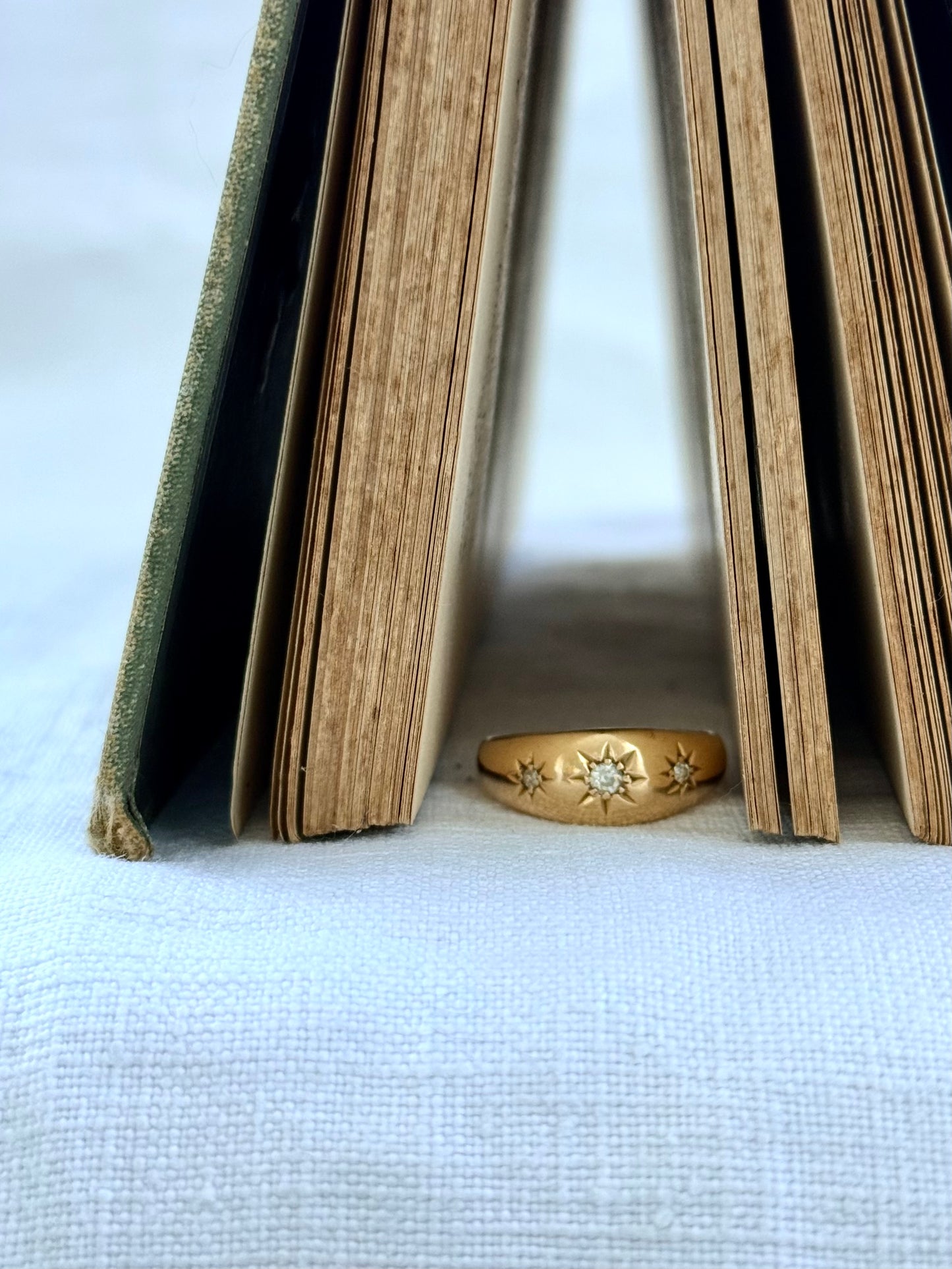 .1894 .18ct .3 diamond Birmingham circa 1894 fancy three star starburst diamond gypsy band high carat gold Victorian engagement wedding commitment ring