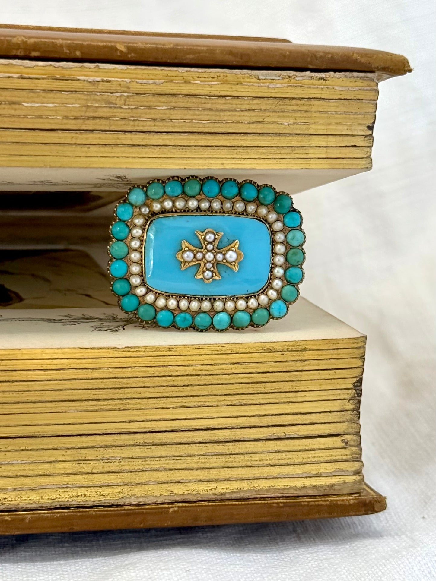 .15ct .1800s antique late Georgian early Victorian rare and magnificent Turquoise Pearl enamel high carat gold Maltese cross brooch pin