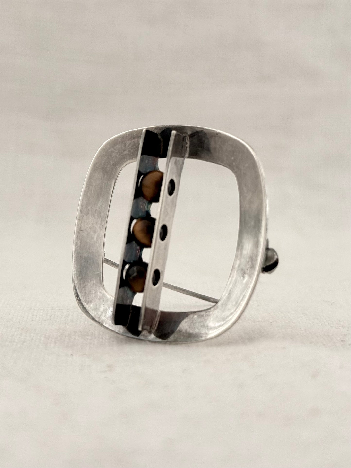 .1970s .925 Finnish designer Kultaseppa Salovaara Tigers Eye gemstone Modernist Mid Century Modern sterling silver brooch