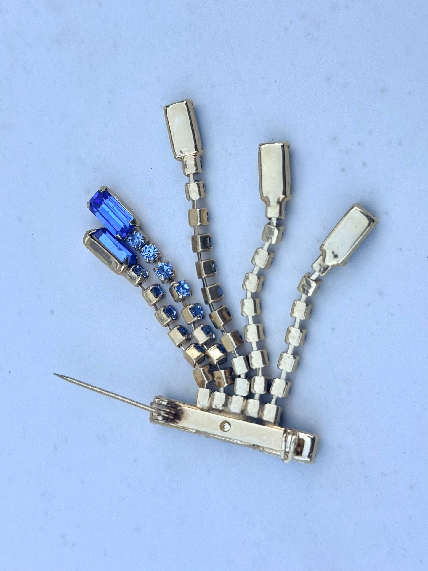.1920s .1940s revival Art Deco style Blue Diamante paste waterfall dazzle costume brooch lapel pin