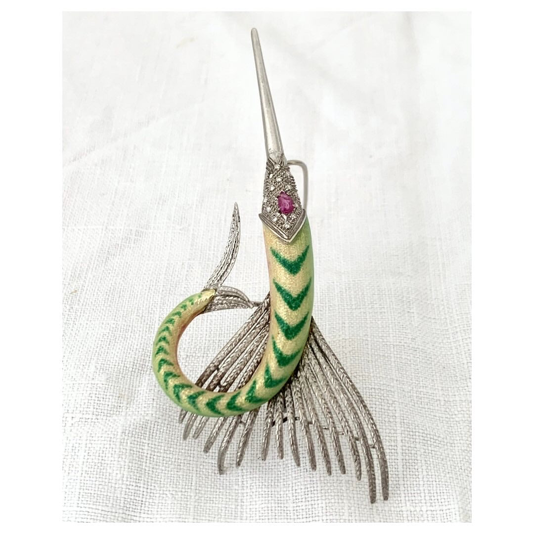 .1940s .18ct .750 high carat Swordfish Diamond, fine Enamel and Ruby Marlin Fish artisan made 750 18k gold dress brooch