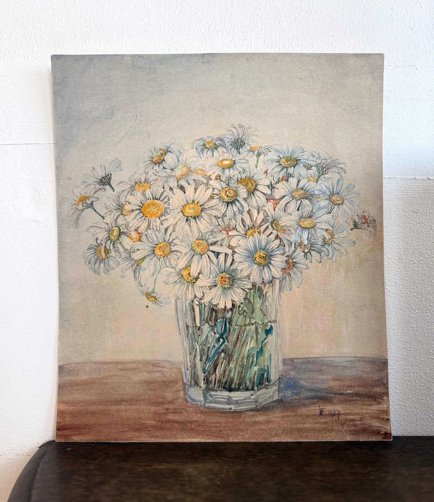 .1937 artist signed watercolour still life Daisies artwork art