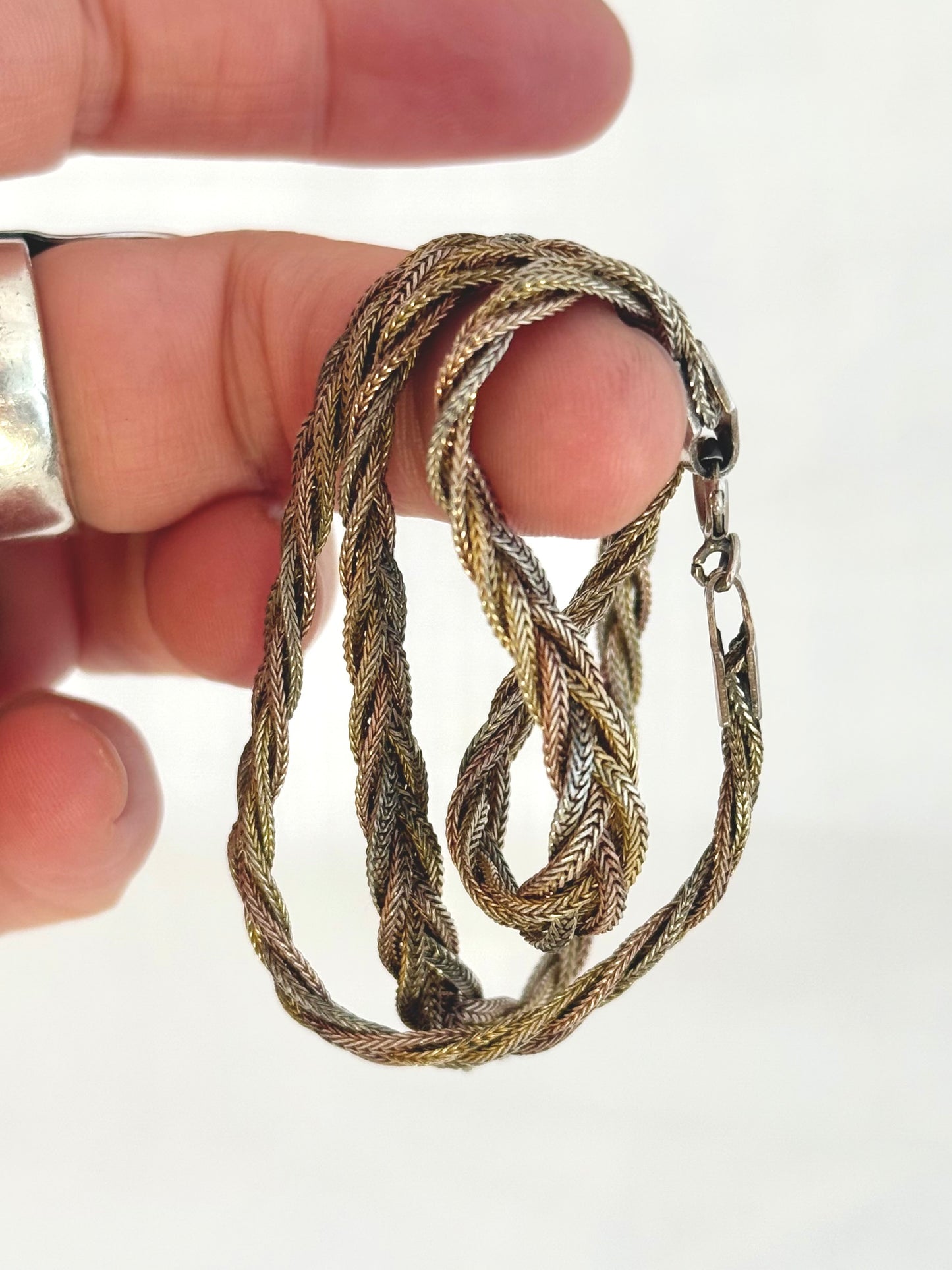 .1970s .925 trinity tri colour silver gold weave necklace and bracelet jewellery set unit