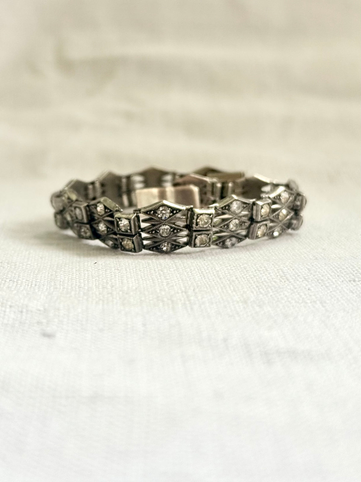 .1930s .1940s .925 Art Deco style diamond paste stone triple fancy link tennis style sterling silver tennis clasp bracelet