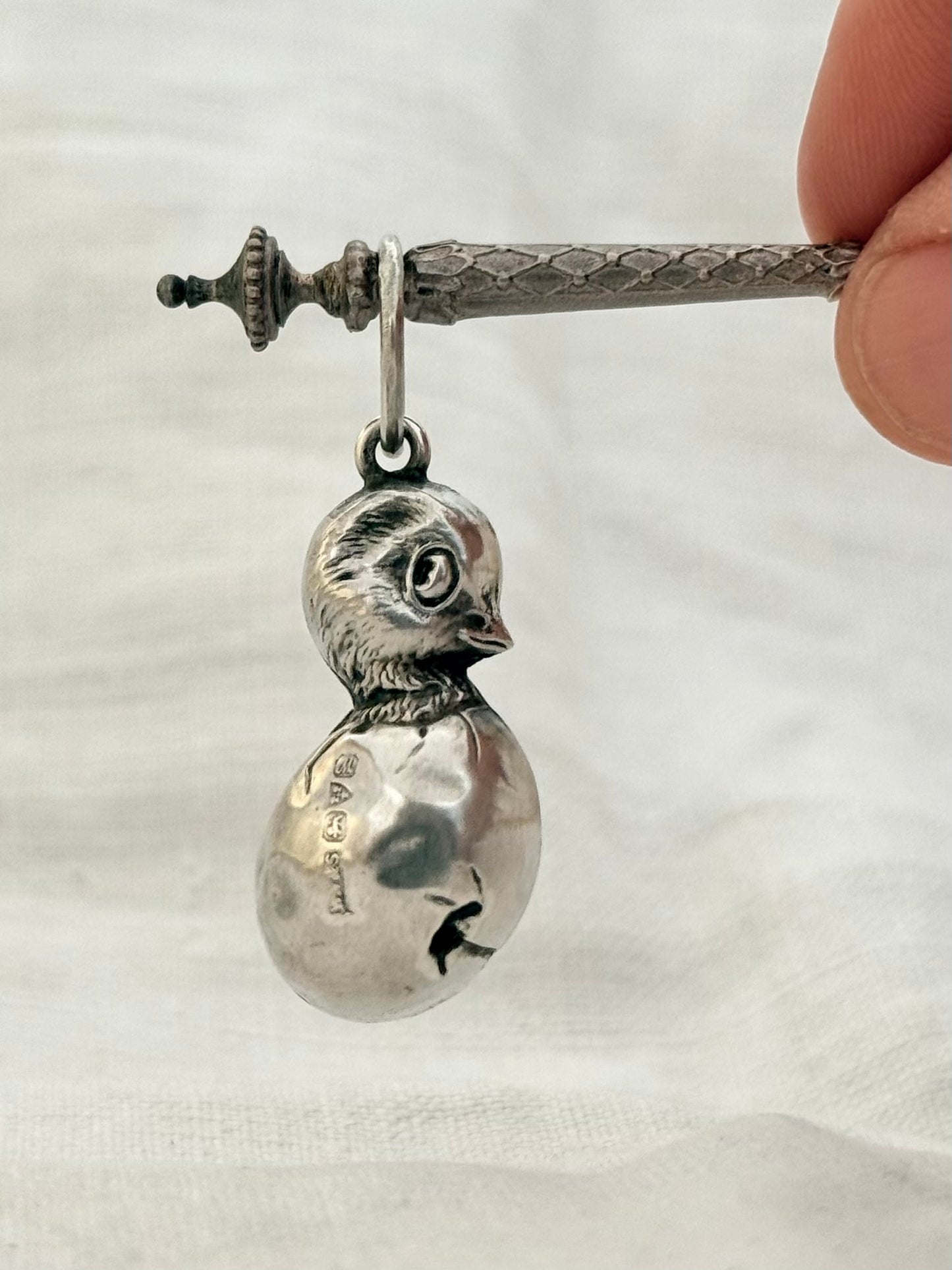 .1912 .1900 .925 Antique Novelty baby Rattle Chick and Egg Art Nouveau collectors sterling silver Chester hallmarked baby rattle pendant