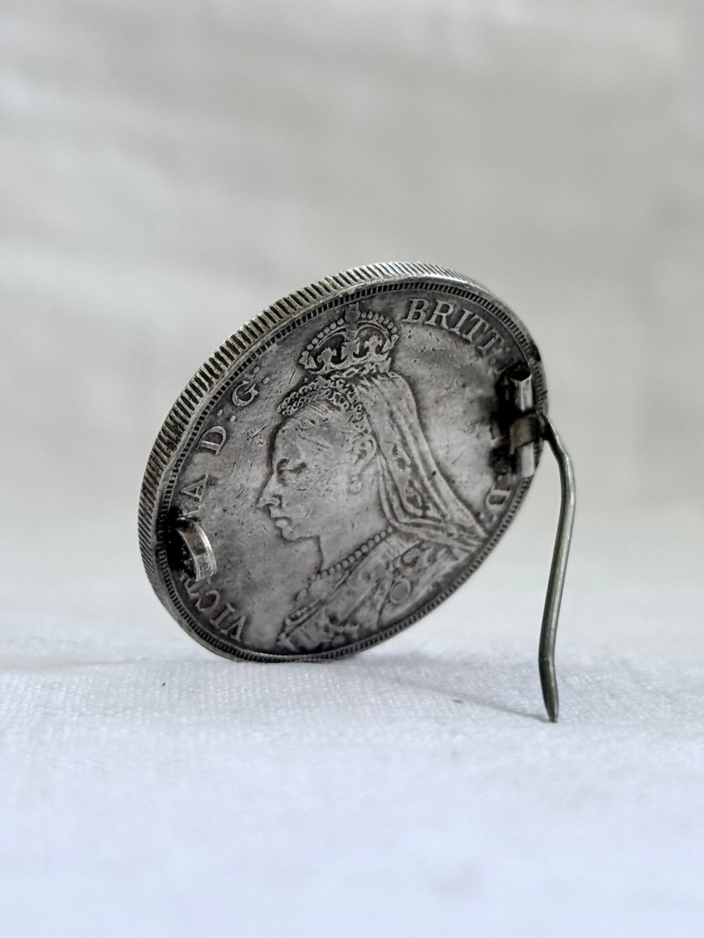 .1889 .925 antique Sterling silver Victorian Antique Solid Silver English Crown collectors love token Coin Brooch