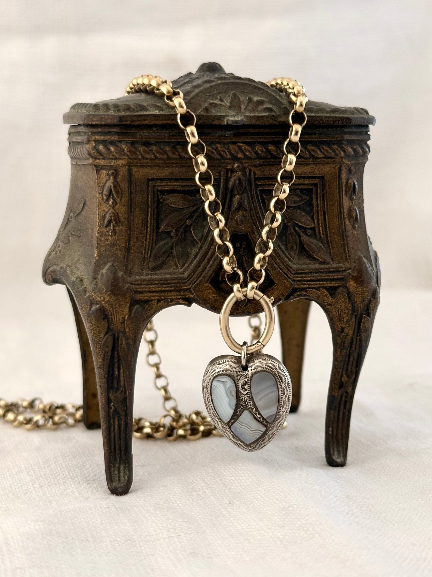 .1860s .1870s .925 antique Victorian lace agate puffy heart rare desirable pebble stone sweetheart love token pendant