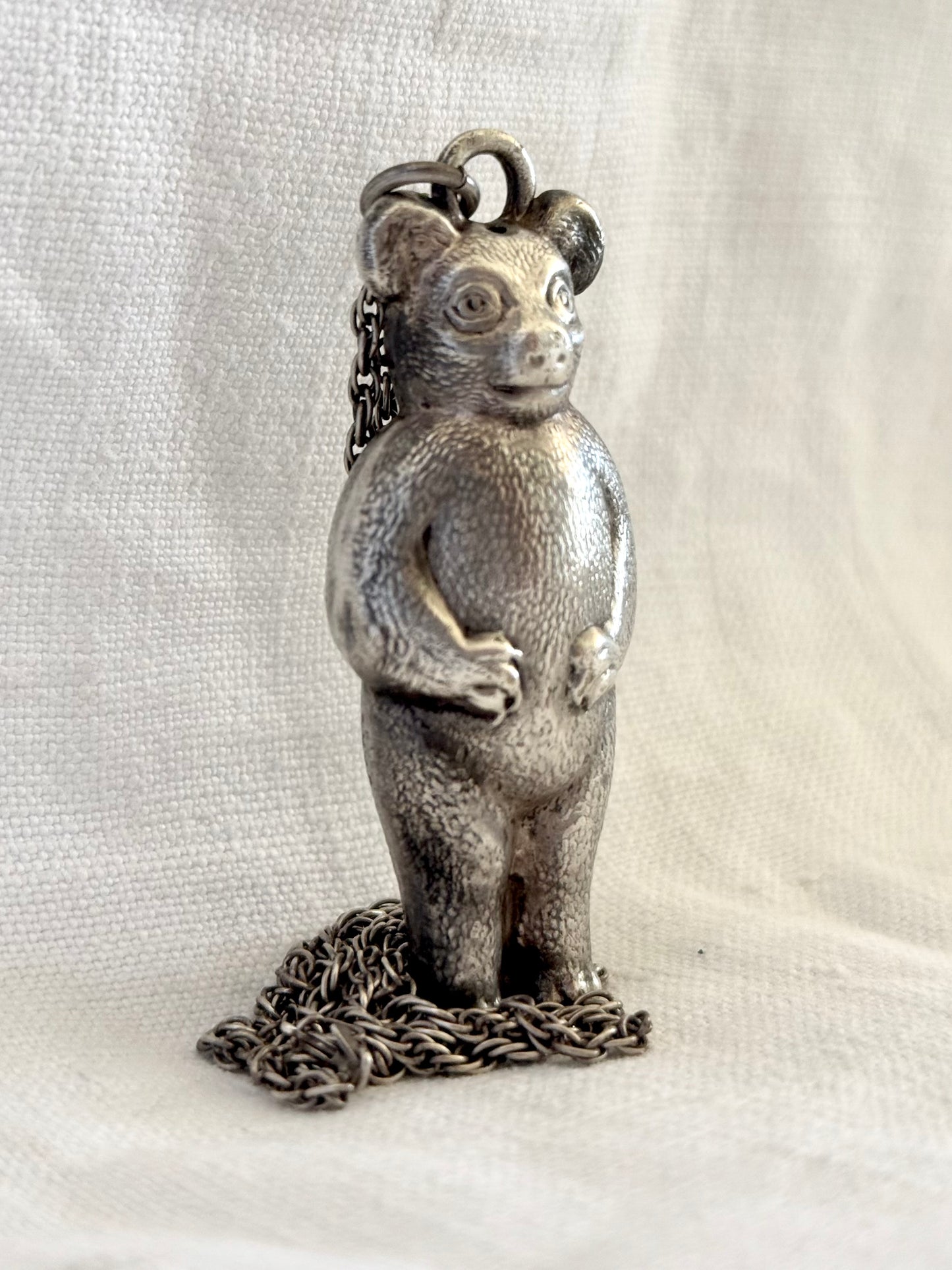 .1910s .1920s Art Nouveau figural collectors bear rattle baby rattle pendant on long silver chain