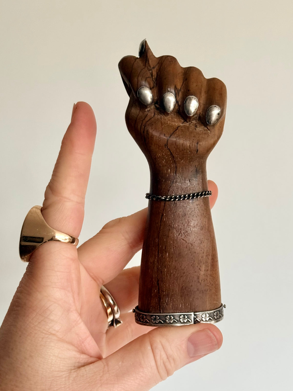 .1950s .900 Brazilian silver hand sculpted large artisan made wooden figa fist lucky token good luck talisman statue