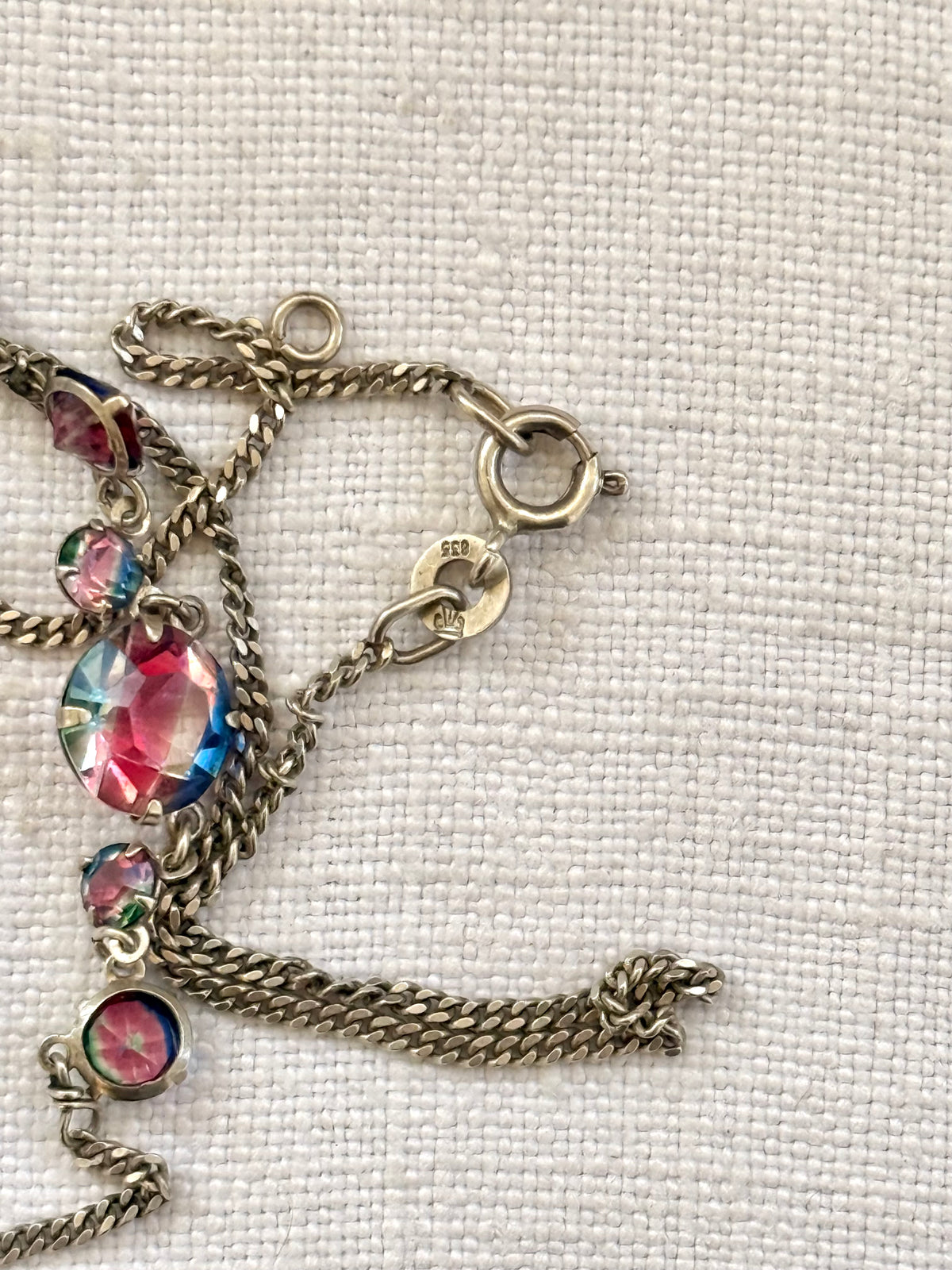 .1920s .1930s Art Deco Iris Glass Riviera .835 silver chain necklace