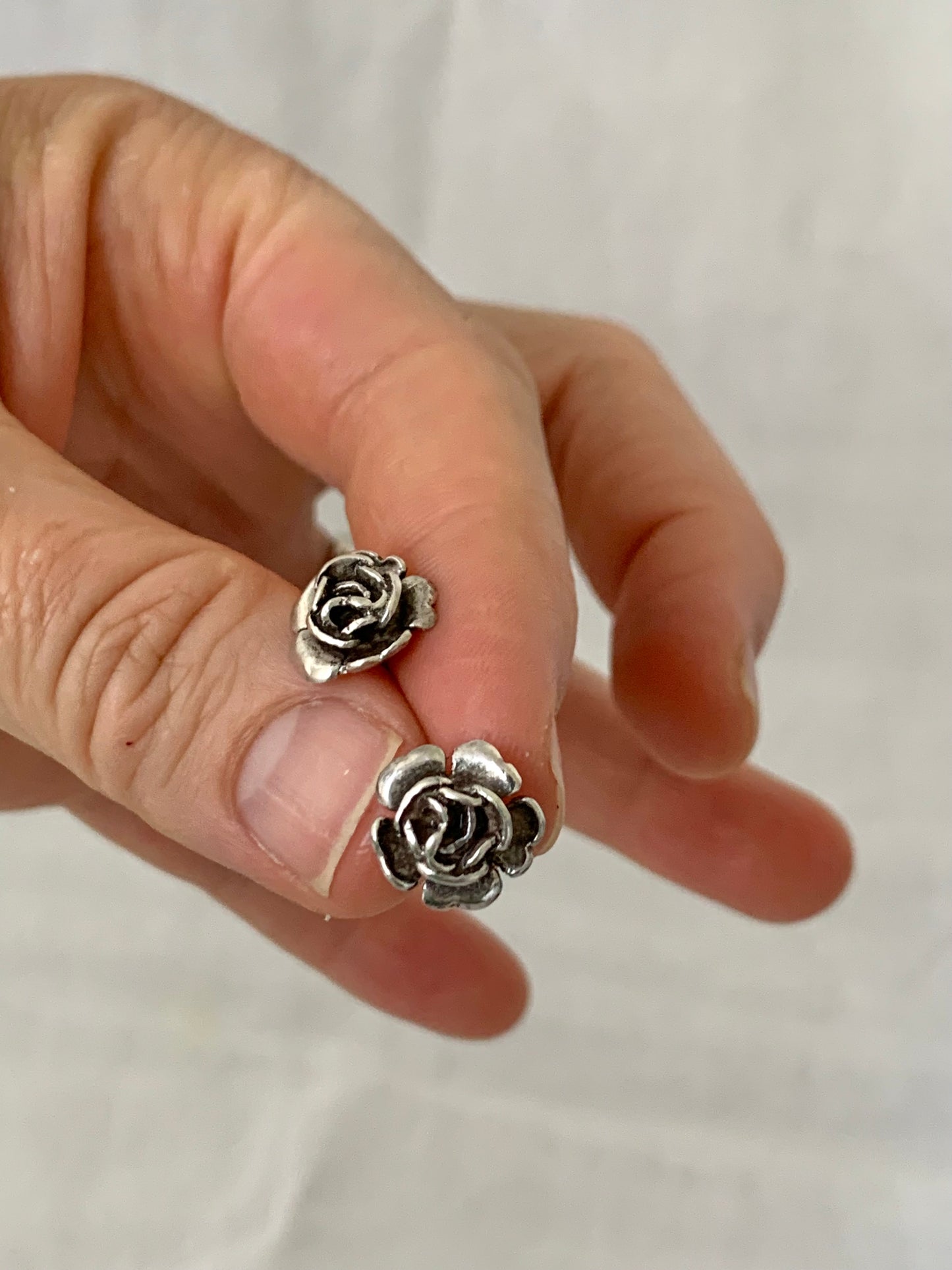 .925 1970s 12mm diameter 3-D Rose flower sterling silver floral post push in stud earrings