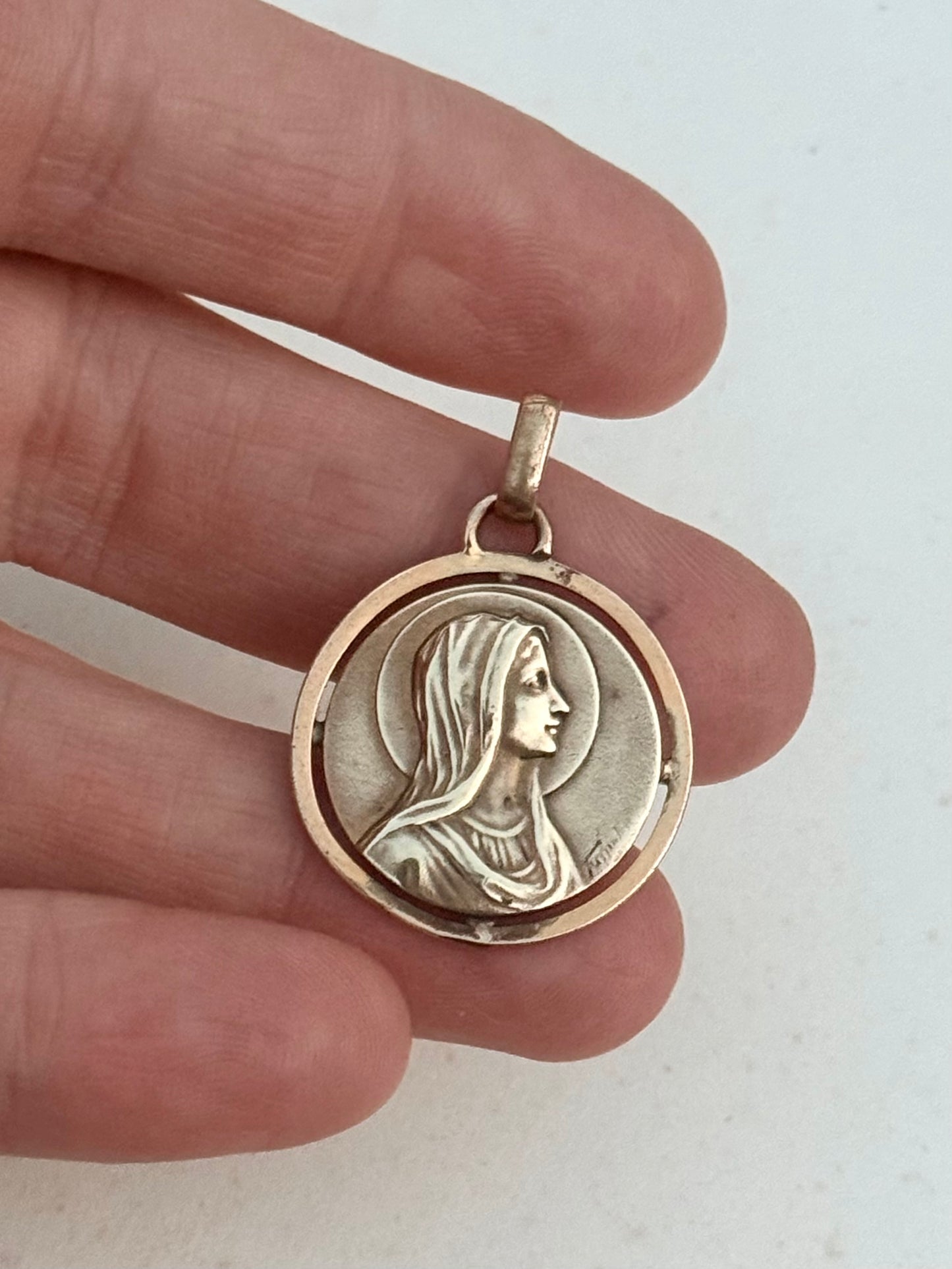 1900s .1930s Gold Fill Religious Holy Virgin Mother Maria French Lourdes Roman Catholic signed medallion token pendant