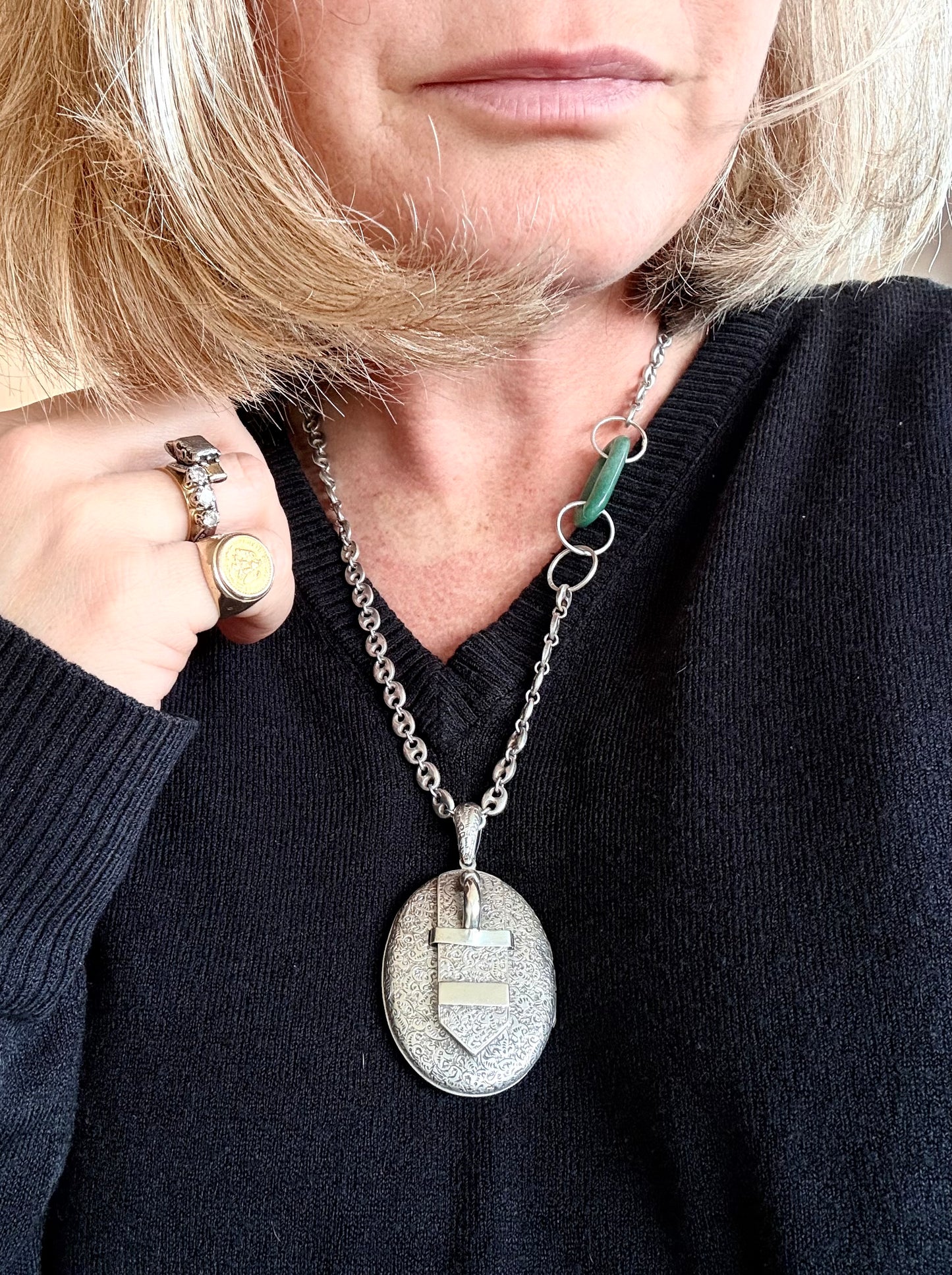 .925 HelenSilverSmit artisan made mariners link Gucci link Chrysoprase gemstone link chain necklace