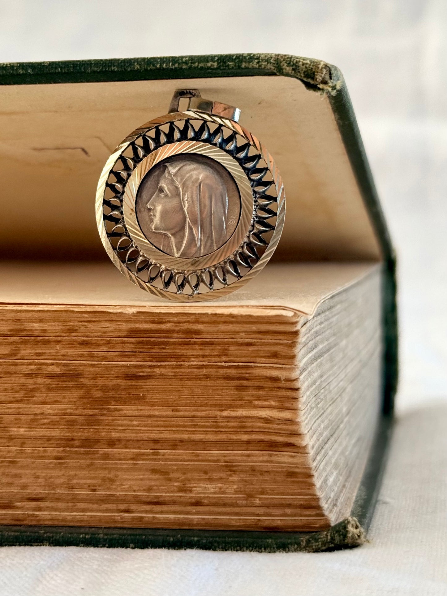 .1950s .1970s French Religious Holy Virgin Mother Maria Fatima Roman Catholic signed medallion token pendant