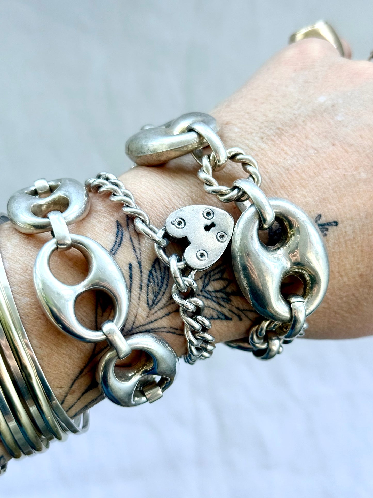 .1980s .1990s .925 Super Sized Chunky extra puffy gucci link mariners link sterling silver fancy twist link modernist oversized chain bracelet