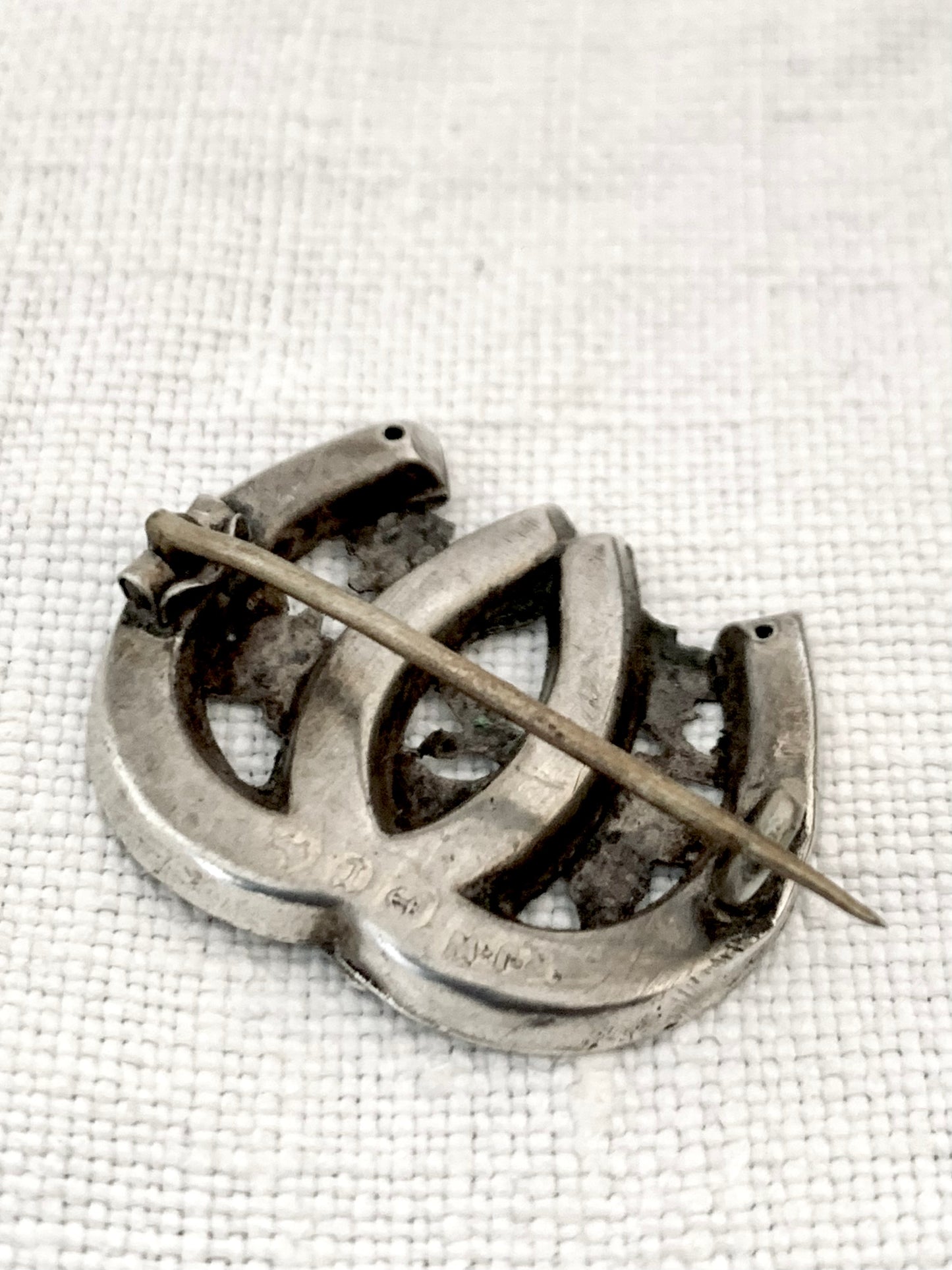 circa 1891 Victorian sentimental triple three horse shoe Aesthetic movement hallmarked hallmark sterling silver brooch.