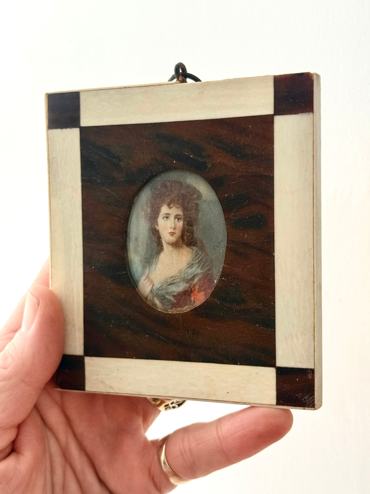 .1700s .1800s Baroque revival miniature hand painted Dame Portraits Painting in Ivory and wooden inlay frame