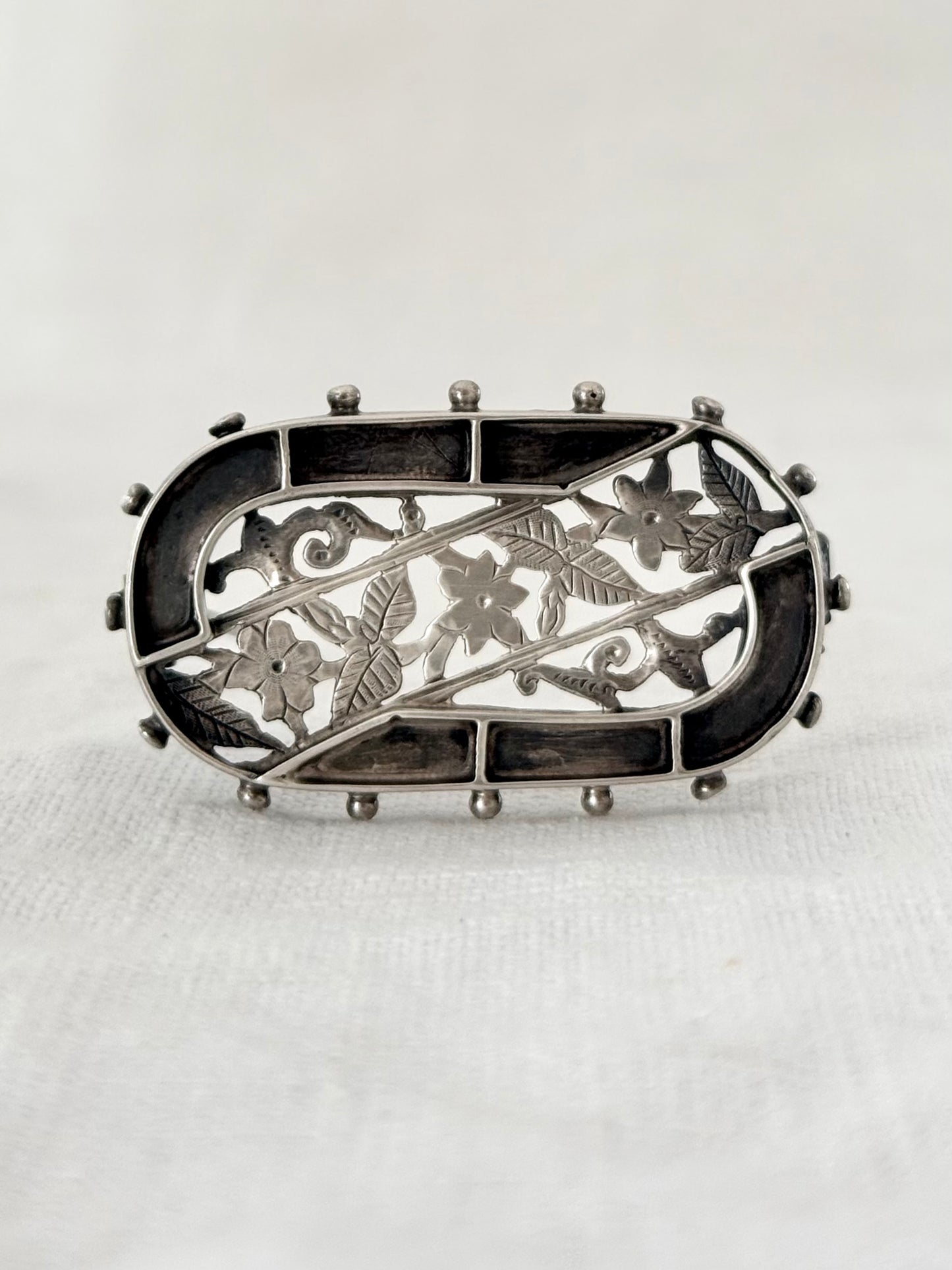 .1800s .1880s .925 Etruscan revival Victorian sterling silver floral sentimental sweetheart brooch