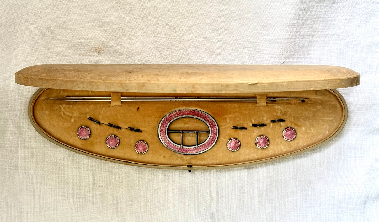 .1912 .925 antique rare collectors pink white enamel Birmingham hallmarked sterling silver Edwardian cased buckle and button and hat pin original boxed set