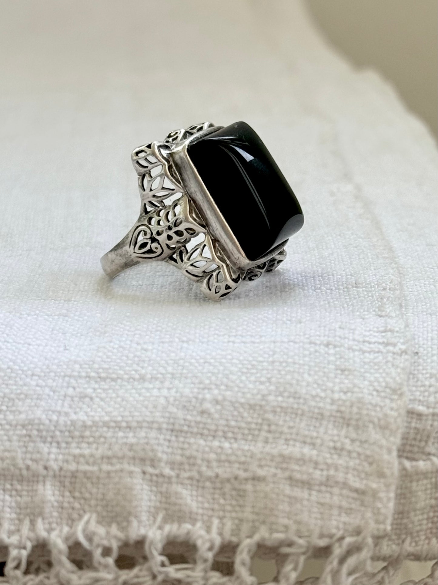 .925 artisan made large black Onyx cushion cut gemstone sterling silver lace cut statement dress cocktail ring