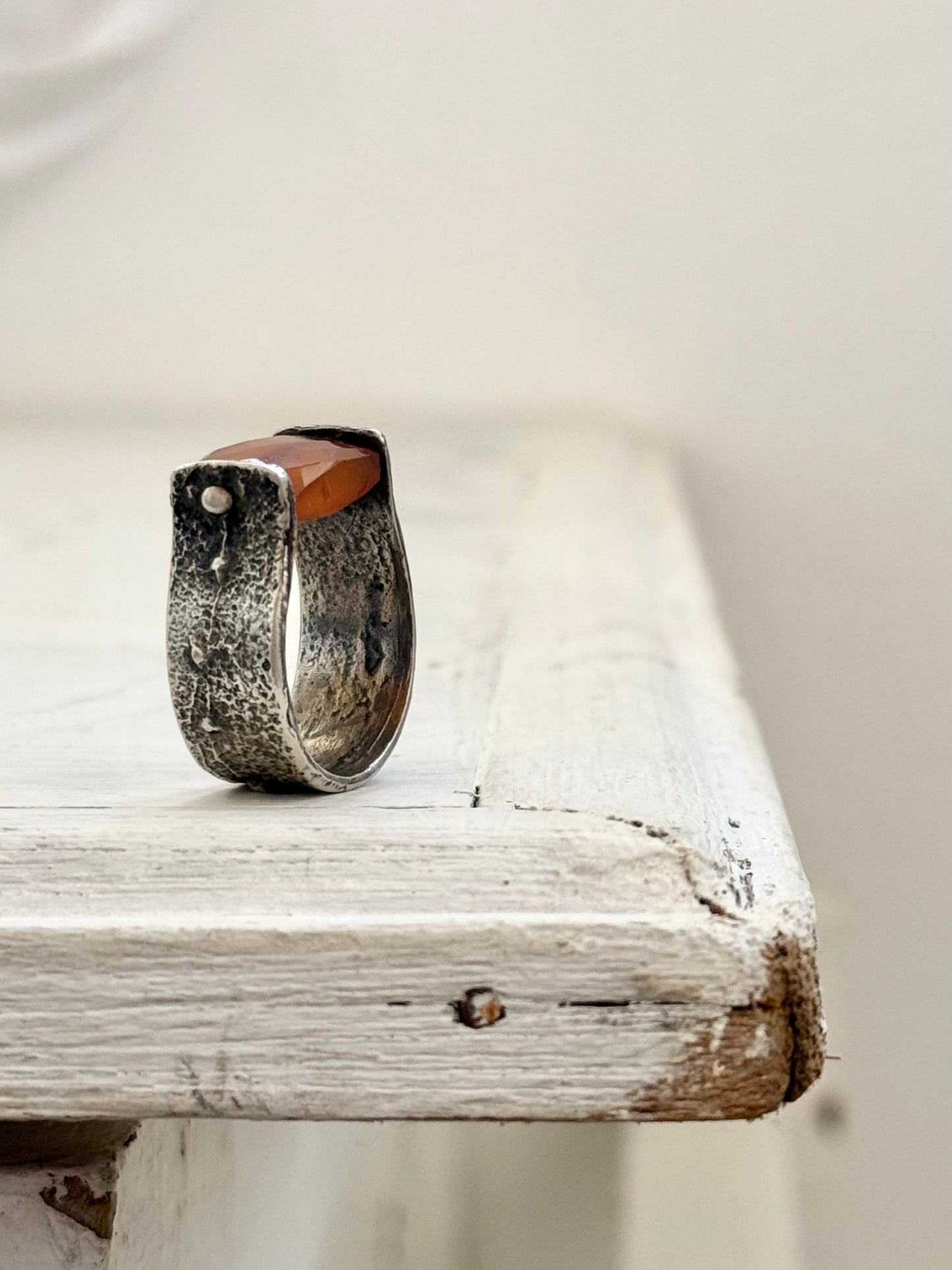 .925 Artisan made Carnelian gemstone sterling silver horse shoe hand made saddle ring swivel gemstone studio made shape gemstone bead ring