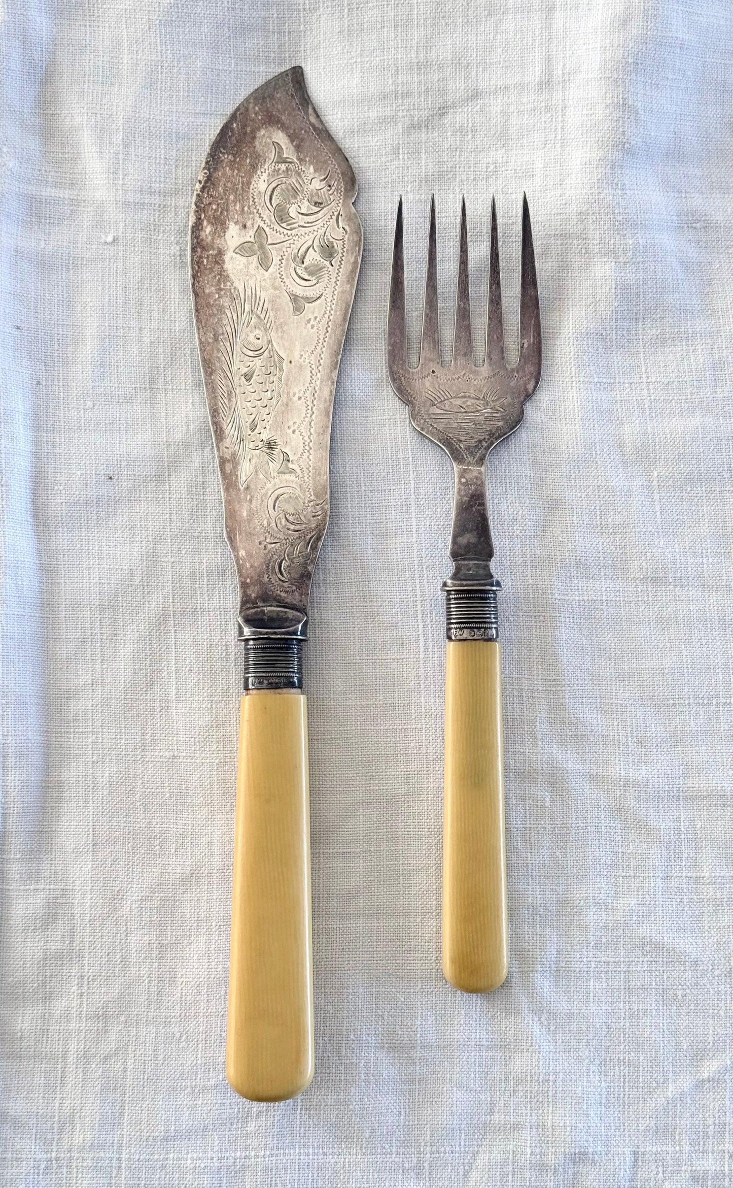 .1902 Antique Art Nouveau old world Fish Server Knife and Fork sterling silver and Silver Plated serving set