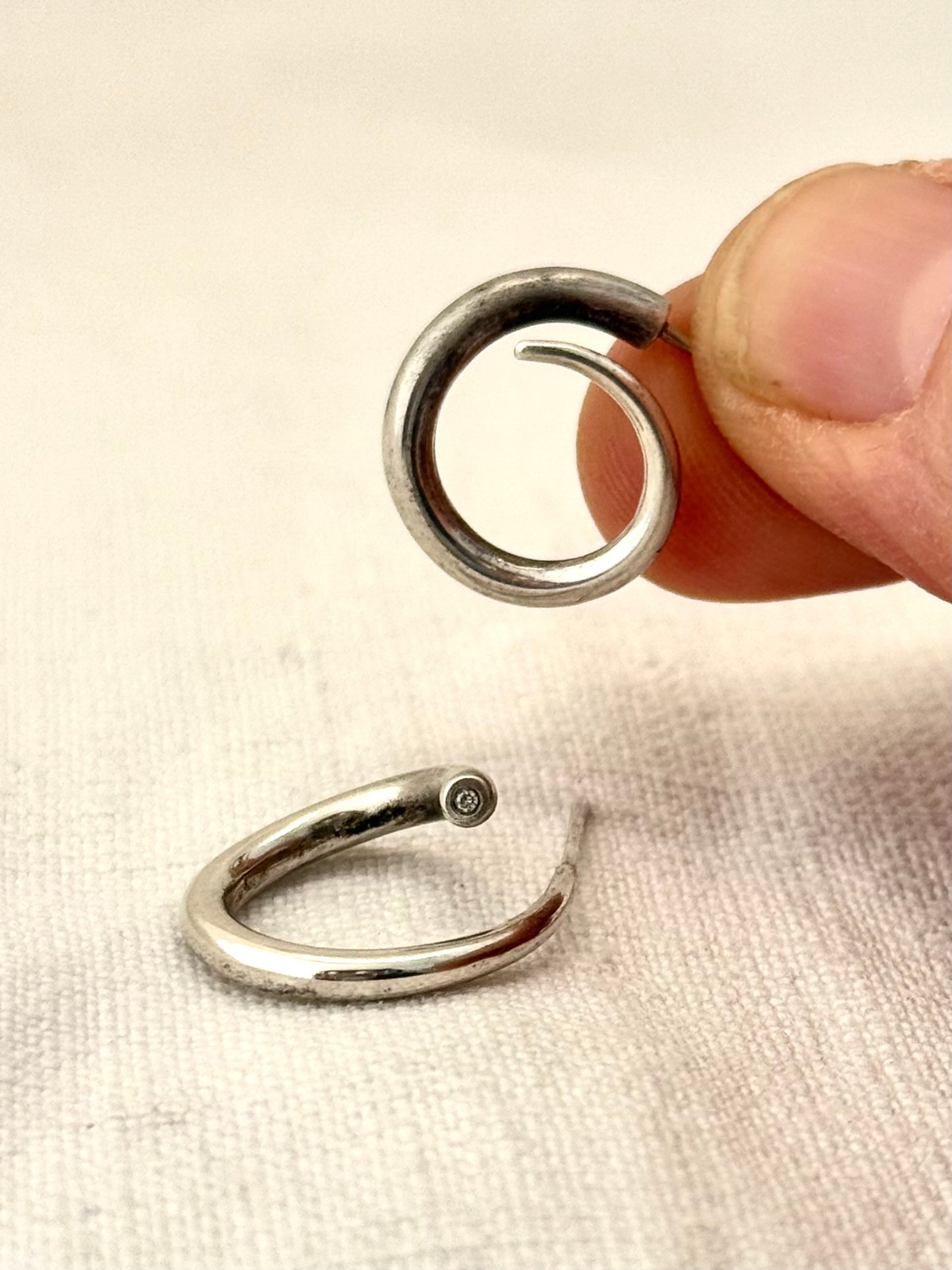 .925 silver diamond accent artisan made twist twirl mismatched wearable art solid silver luxury hoop post stud earrings