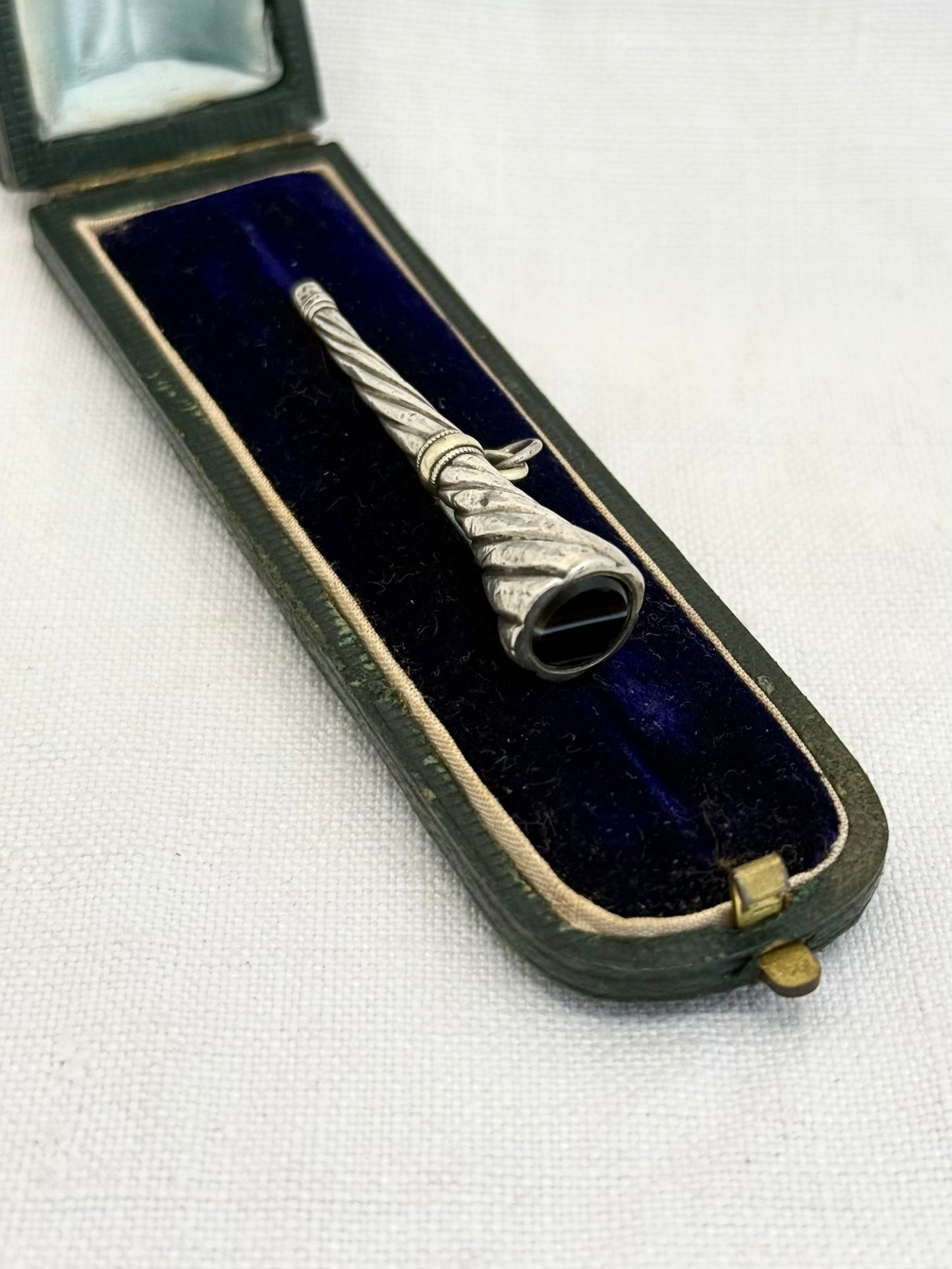 .1880s .1890s antique banded agate silver watch winder key Trumpet Shape horn of plenty Cornucopia pendant with banded Black Agate Gemstone accent