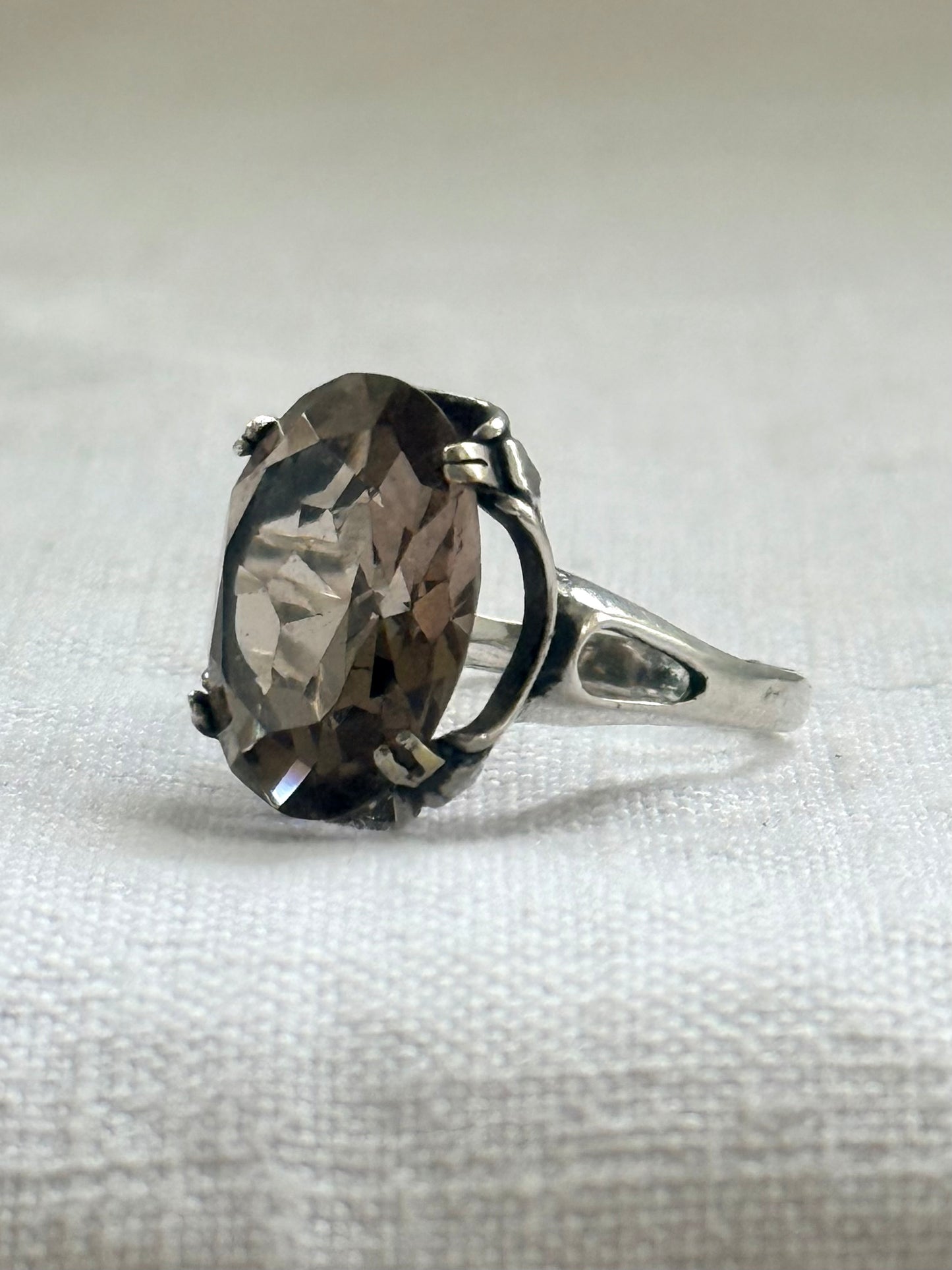 .1960s .925 magnificent large Smoky Quartz gemstone Mid Century Modern grey brown moody faceted gemstone retro Modernist sterling silver cocktail ring
