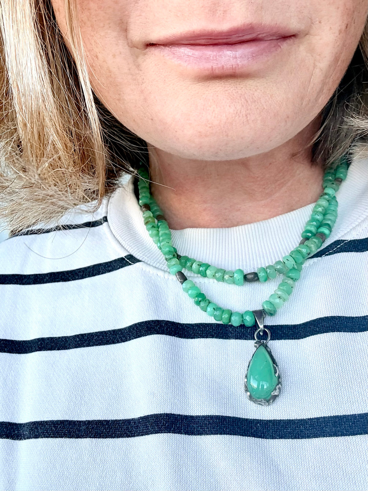 .925 boho Chrysoprase green hand faceted double gemstone necklace