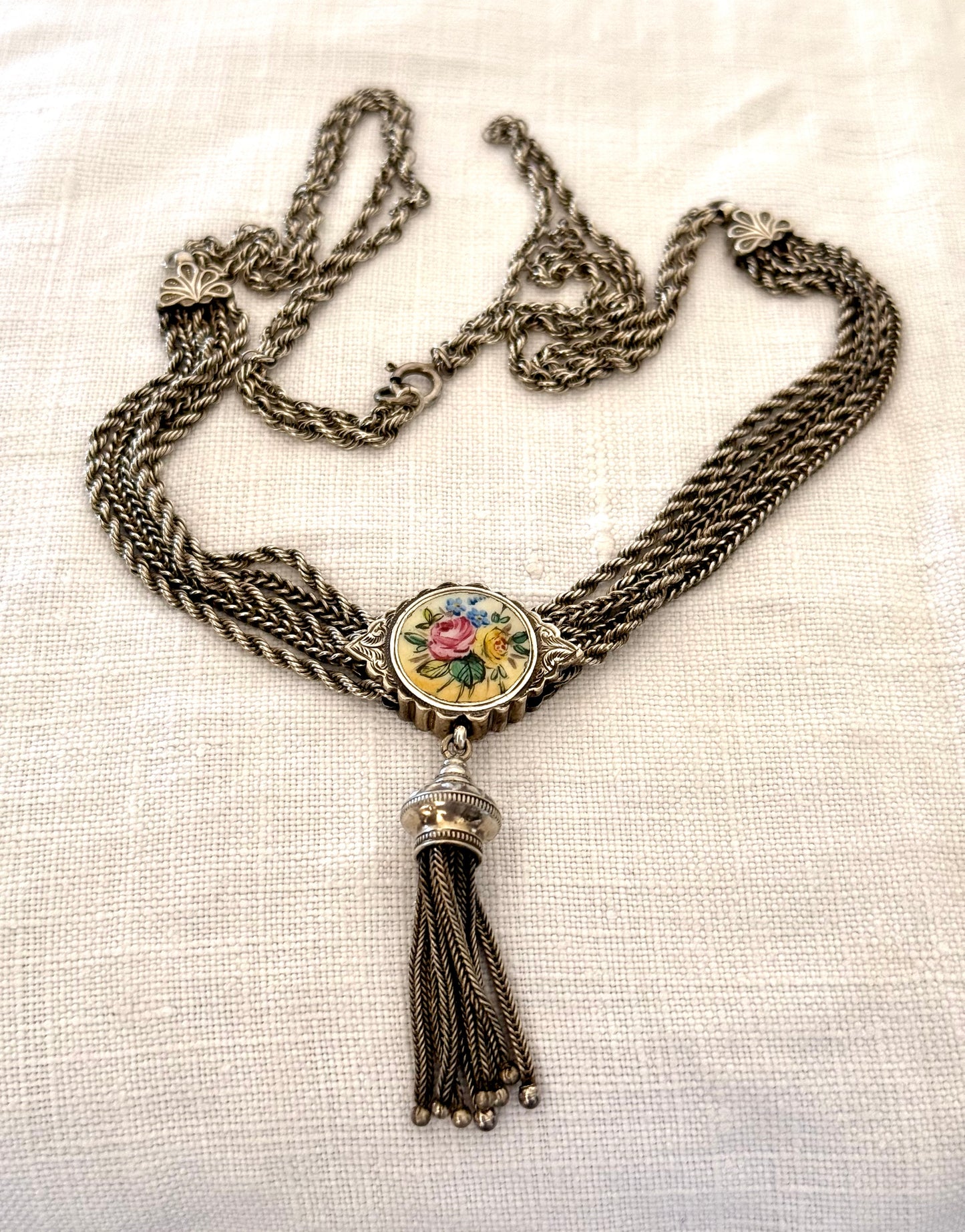 .1860s .1890s .925 antique Belle Epoque rare and fancy enamel slider Albertina multi chain necklace