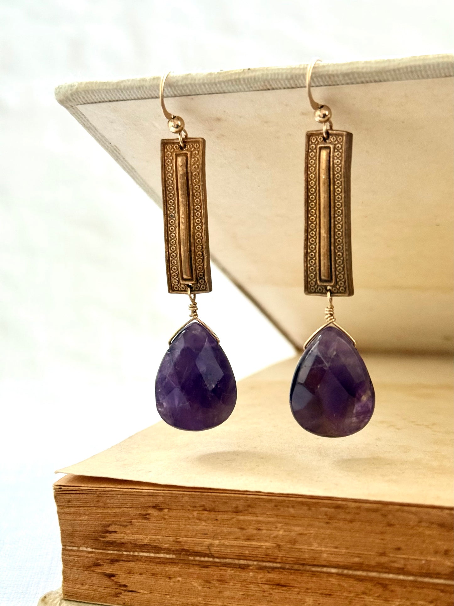 .14k gold Amethyst gemstone Briolette teardrop gold plated artisan made boho drop dangle earrings