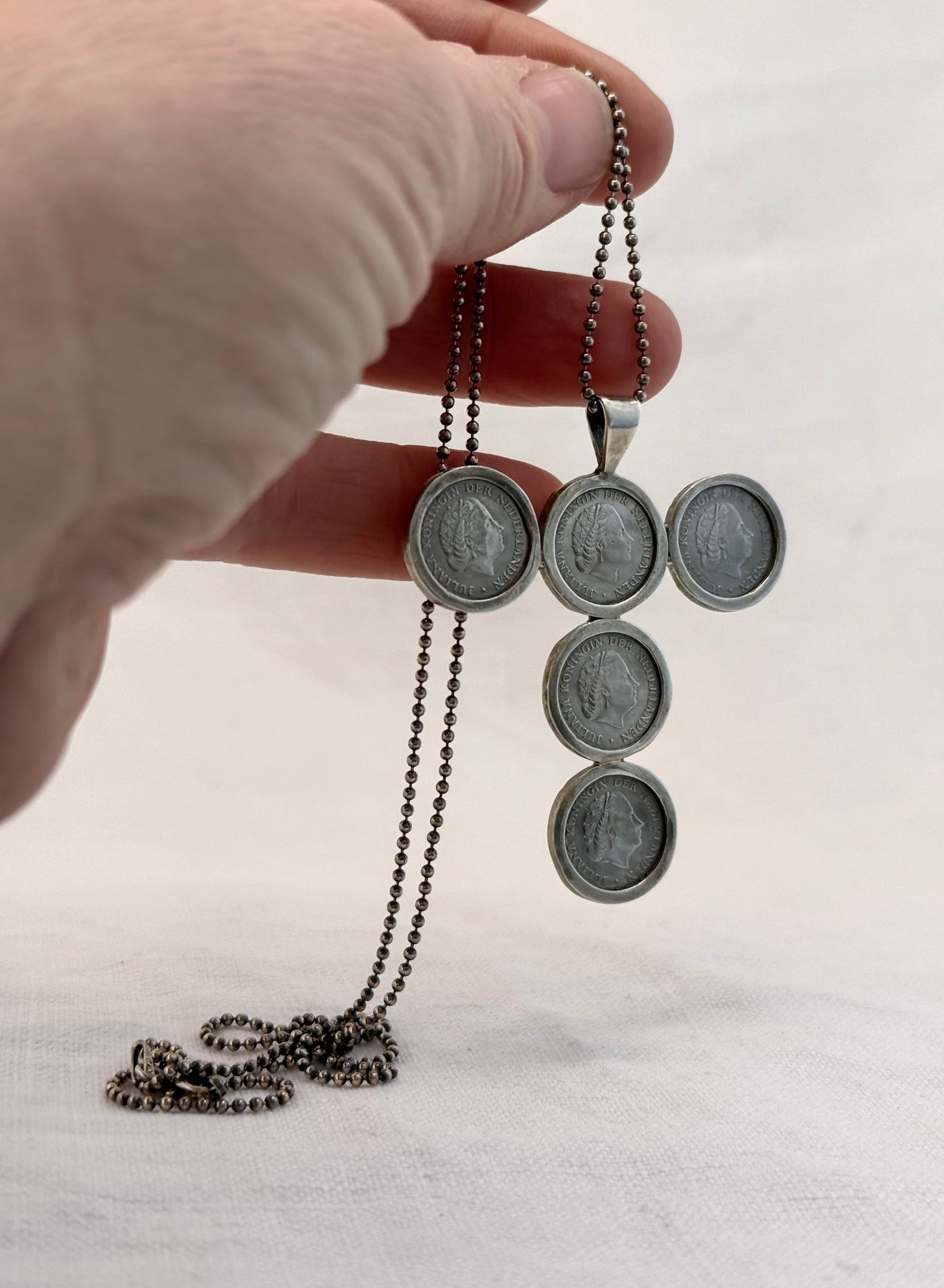 .1954 to .1980 .10 cents coin cross silver pendant on long lovely chain necklace