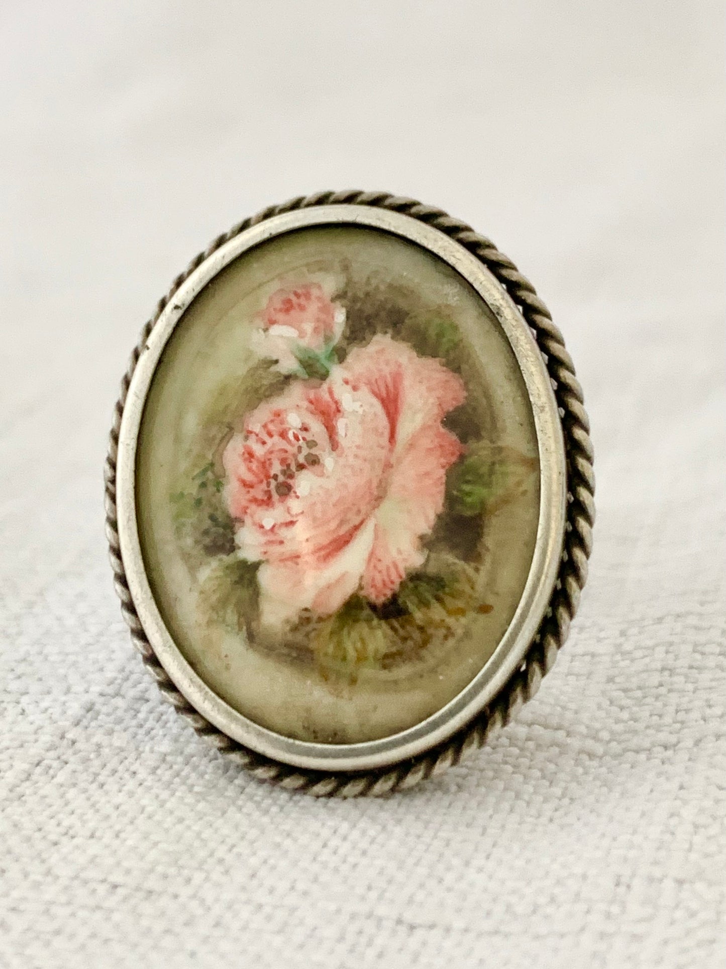 .1940s .800 artisan hand painted miniature Rose flower bloom Italian silver brooch pendant
